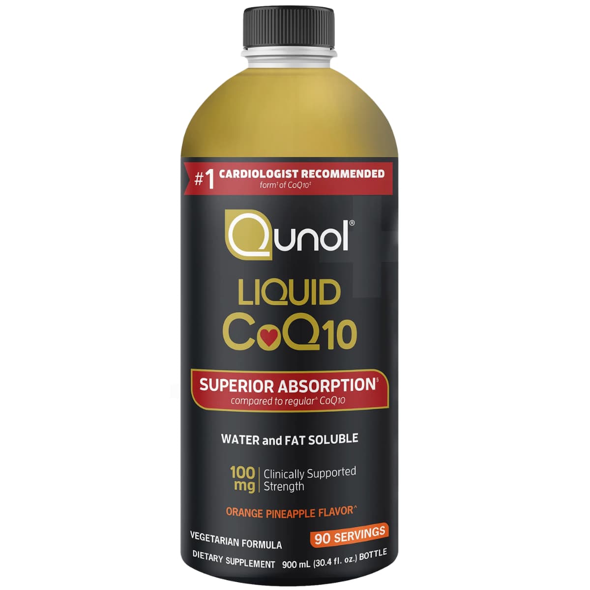 Frasco frontal de Qunol Coenzima Q10 líquida sabor naranja piña, presentación de 900 ml y 90 porciones