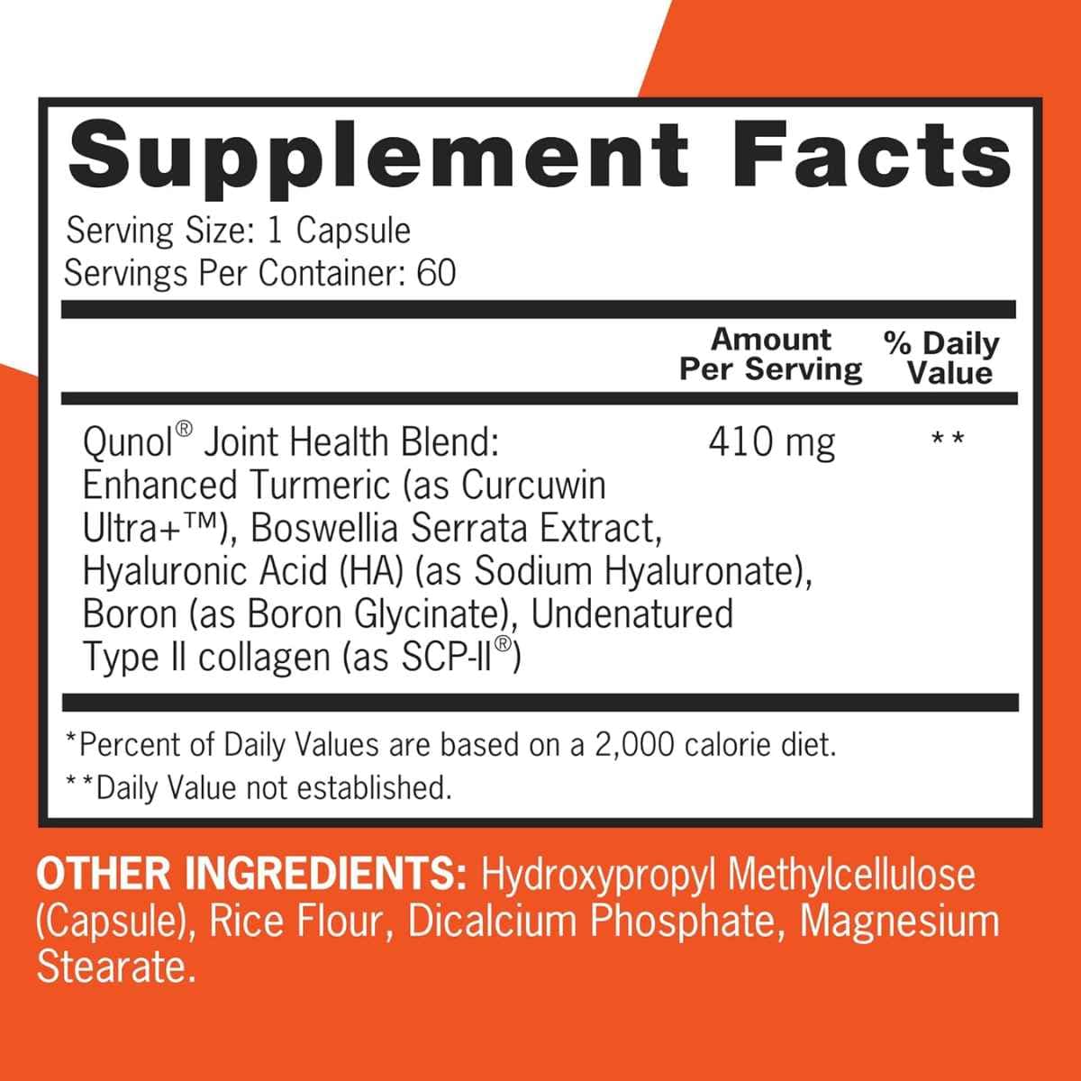 Tabla nutricional del suplemento Qunol Mezcla para la Salud Articular con Cúrcuma 60 cápsulas