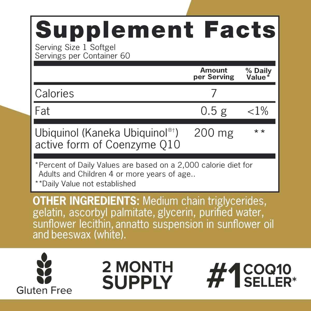 Tabla nutricional del suplemento Qunol Ubiquinol 200 mg 60 cápsulas blandas