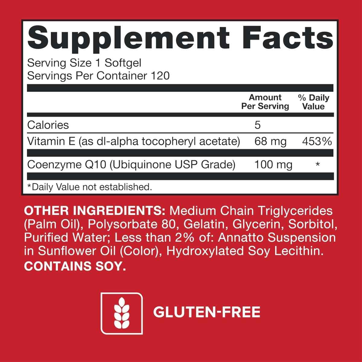 Tabla nutricional del suplemento Qunol Ultra CoQ10 120 cápsulas blandas