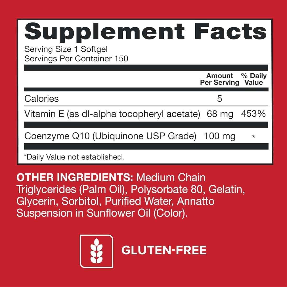 Tabla nutricional del suplemento Qunol Ultra CoQ10 150 cápsulas blandas