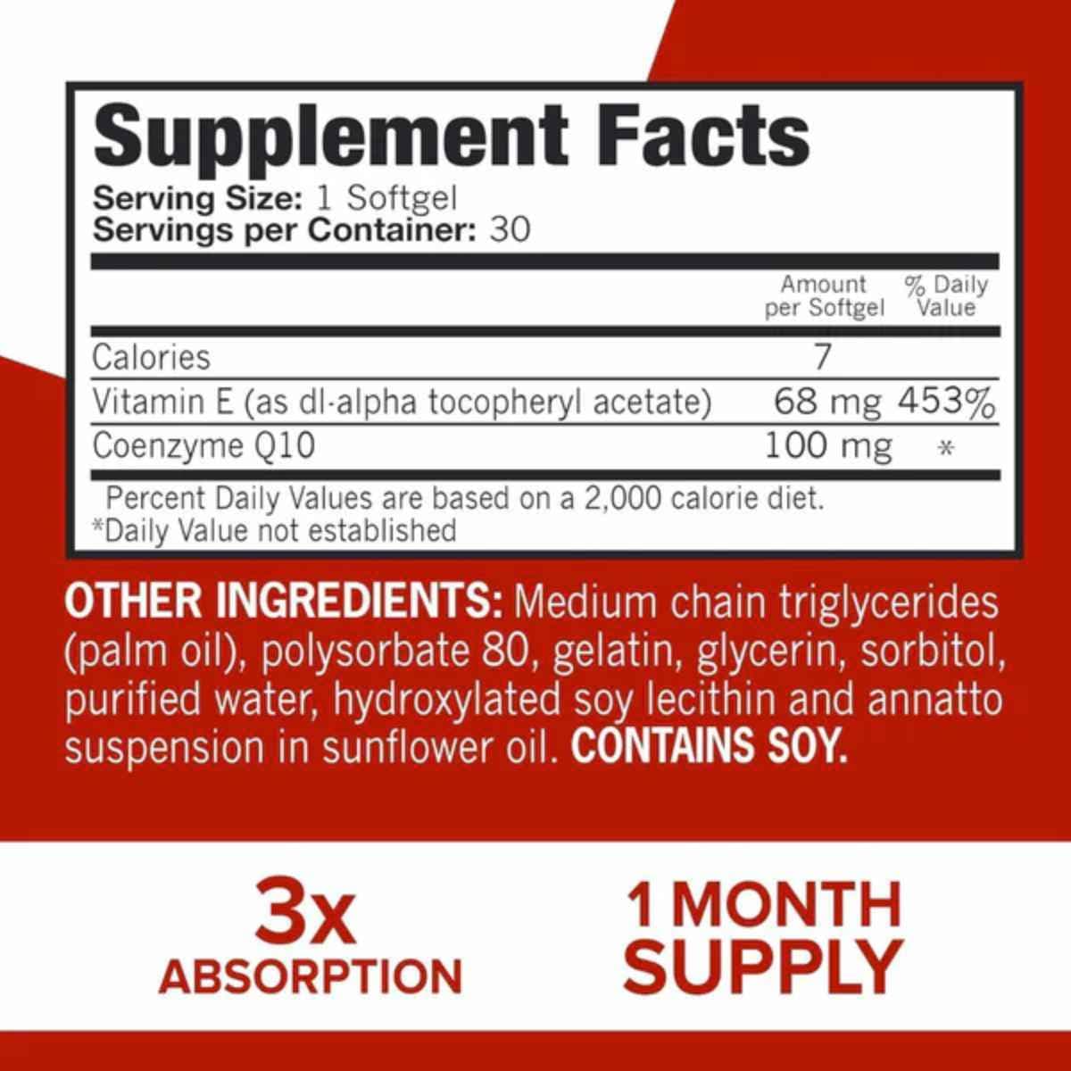 Tabla nutricional del suplemento Qunol Ultra CoQ10 30 cápsulas blandas
