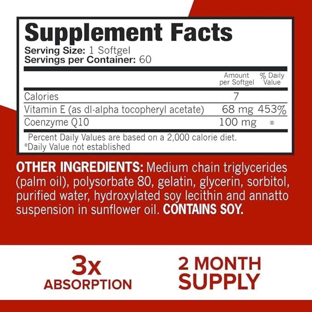 Tabla nutricional del suplemento Qunol Ultra CoQ10 60 cápsulas blandas