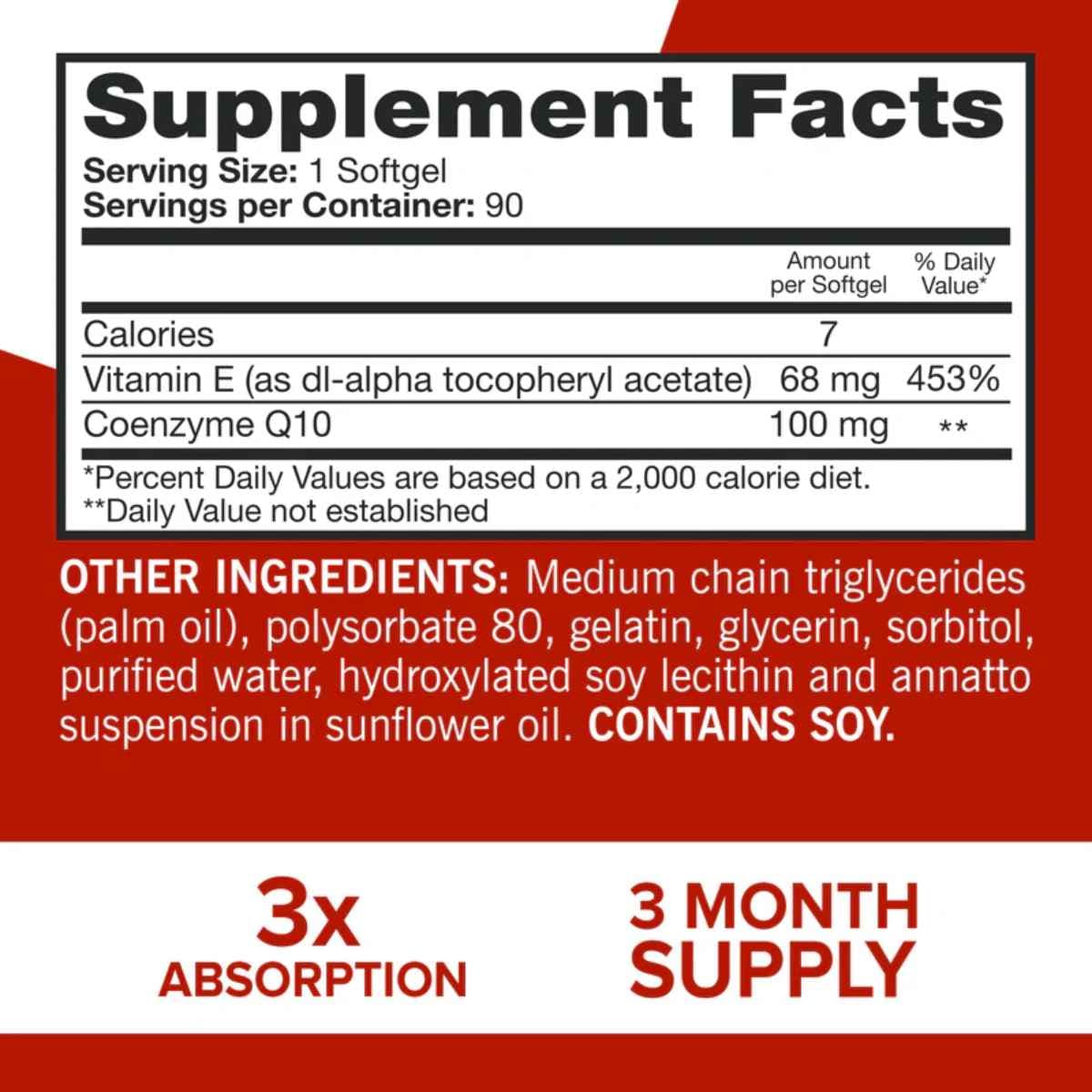 Tabla nutricional del suplemento Qunol Ultra CoQ10 90 cápsulas blandas