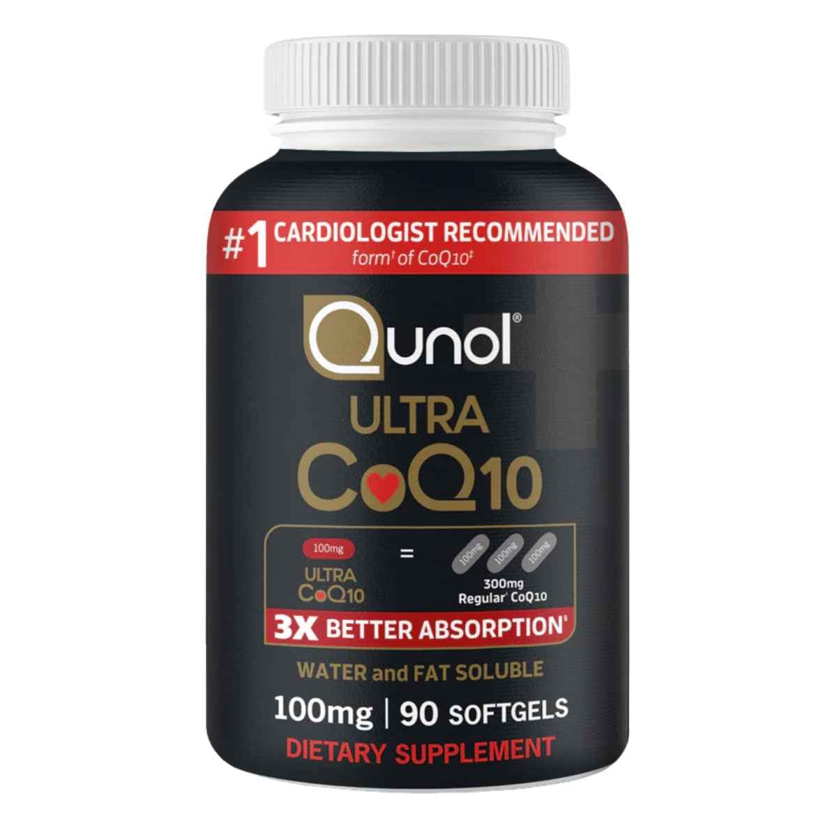 Frasco de suplemento Qunol Ultra CoQ10 90 cápsulas blandas