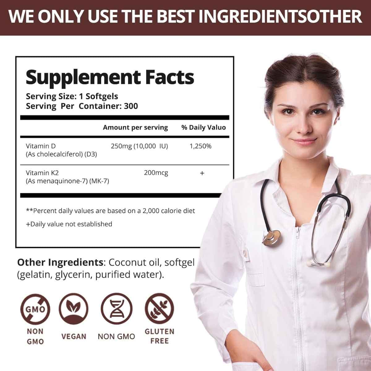 Tabla nutricional del suplemento QVQ Vitamina D3 y K2 300 Cápsulas Blandas