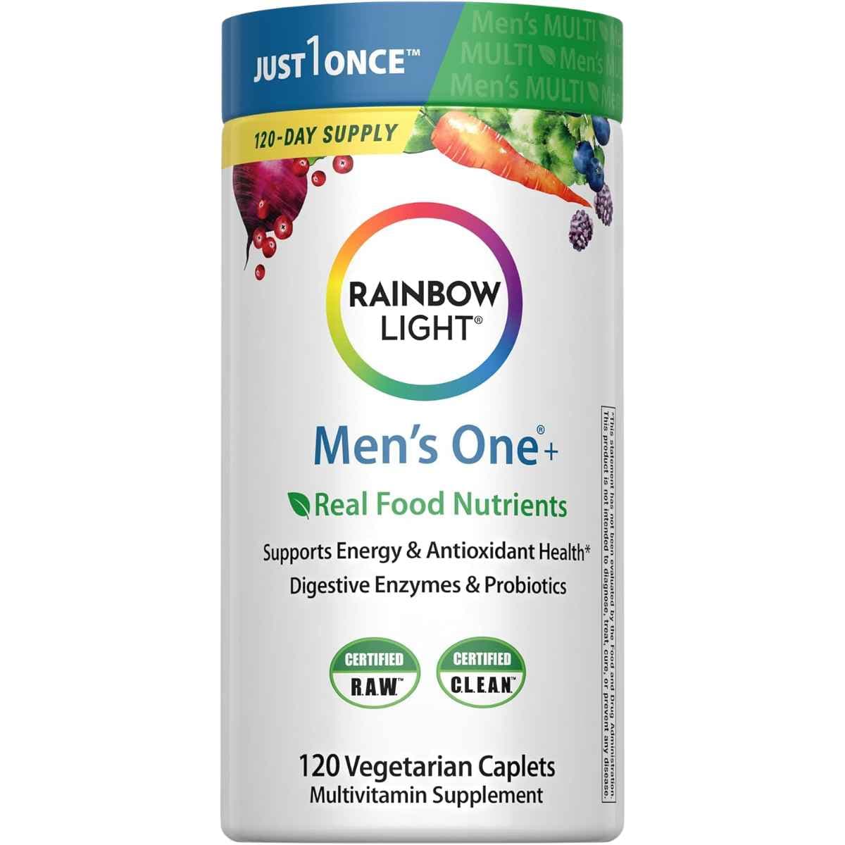Frasco frontal de Rainbow Light Men's One+ Real Food Nutrients, presentación de 120 tabletas vegetarianas