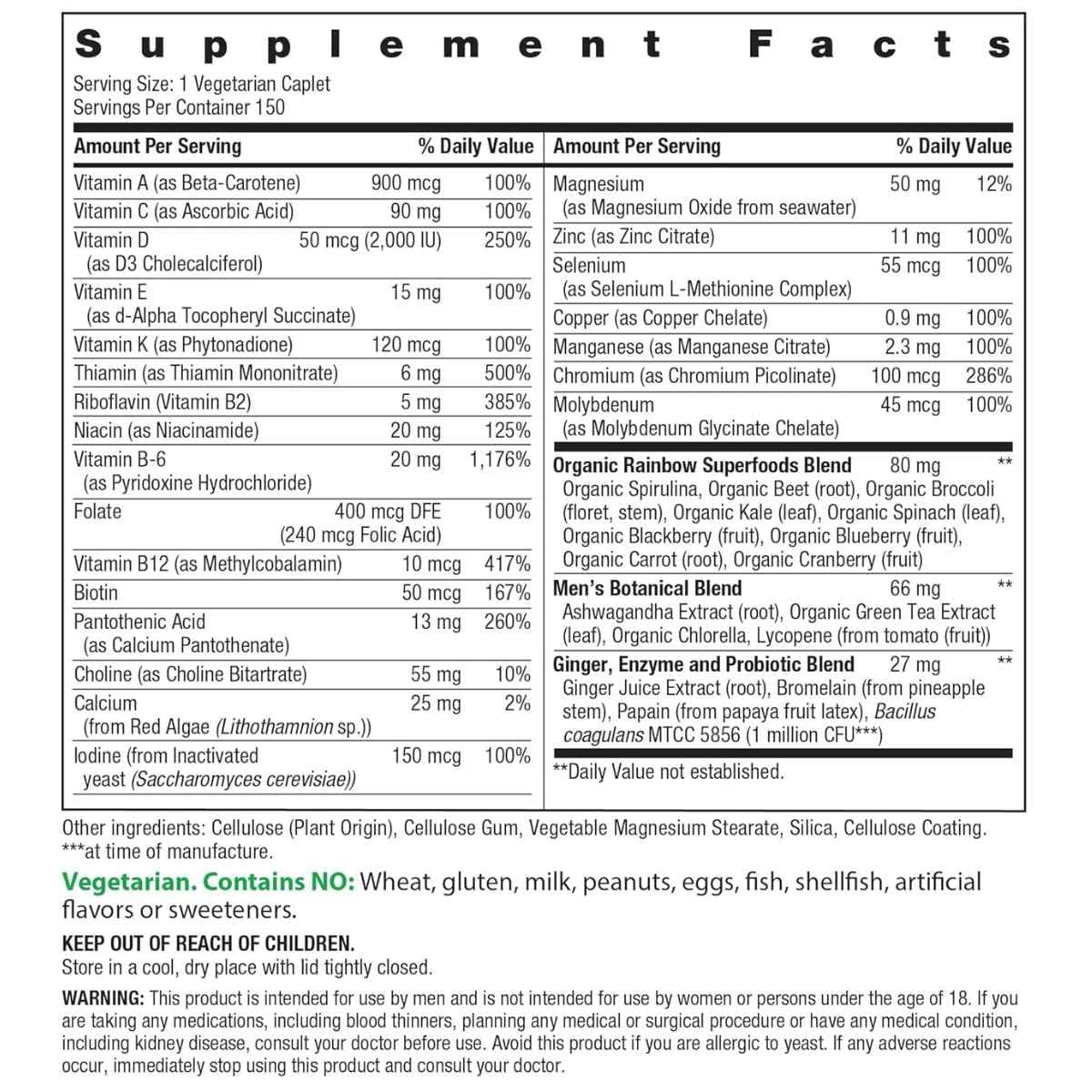 Información del suplemento de Rainbow Light Men's One+ Real Food Nutrients, presentación de 150 tabletas