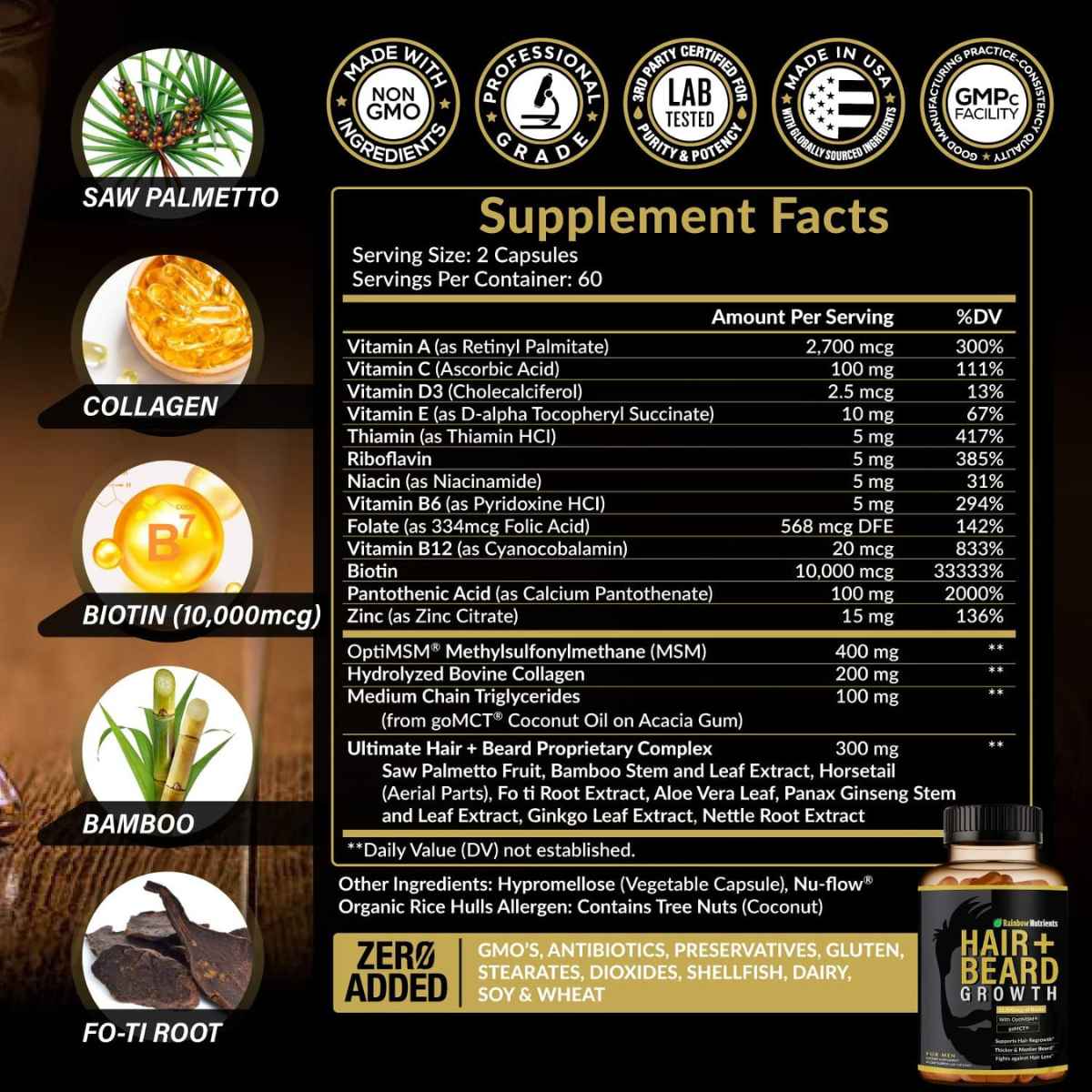 Etiqueta de ingredientes y Supplement Facts del suplemento Rainbow Nutrients para hombre