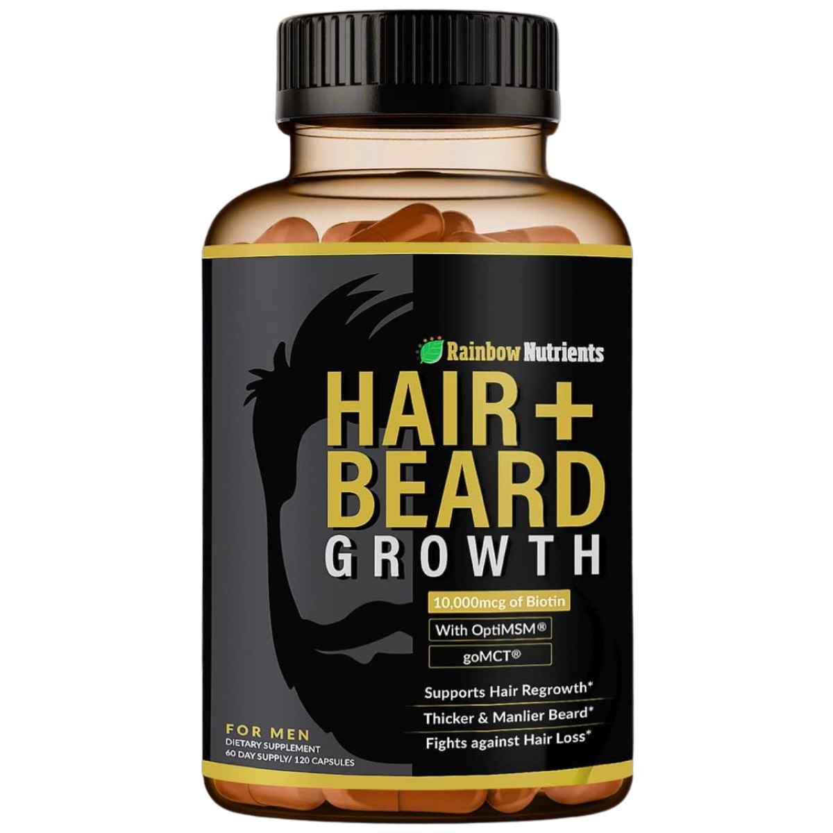 Frasco de suplemento Rainbow Nutrients para cabello y barba para hombre con 120 cápsulas