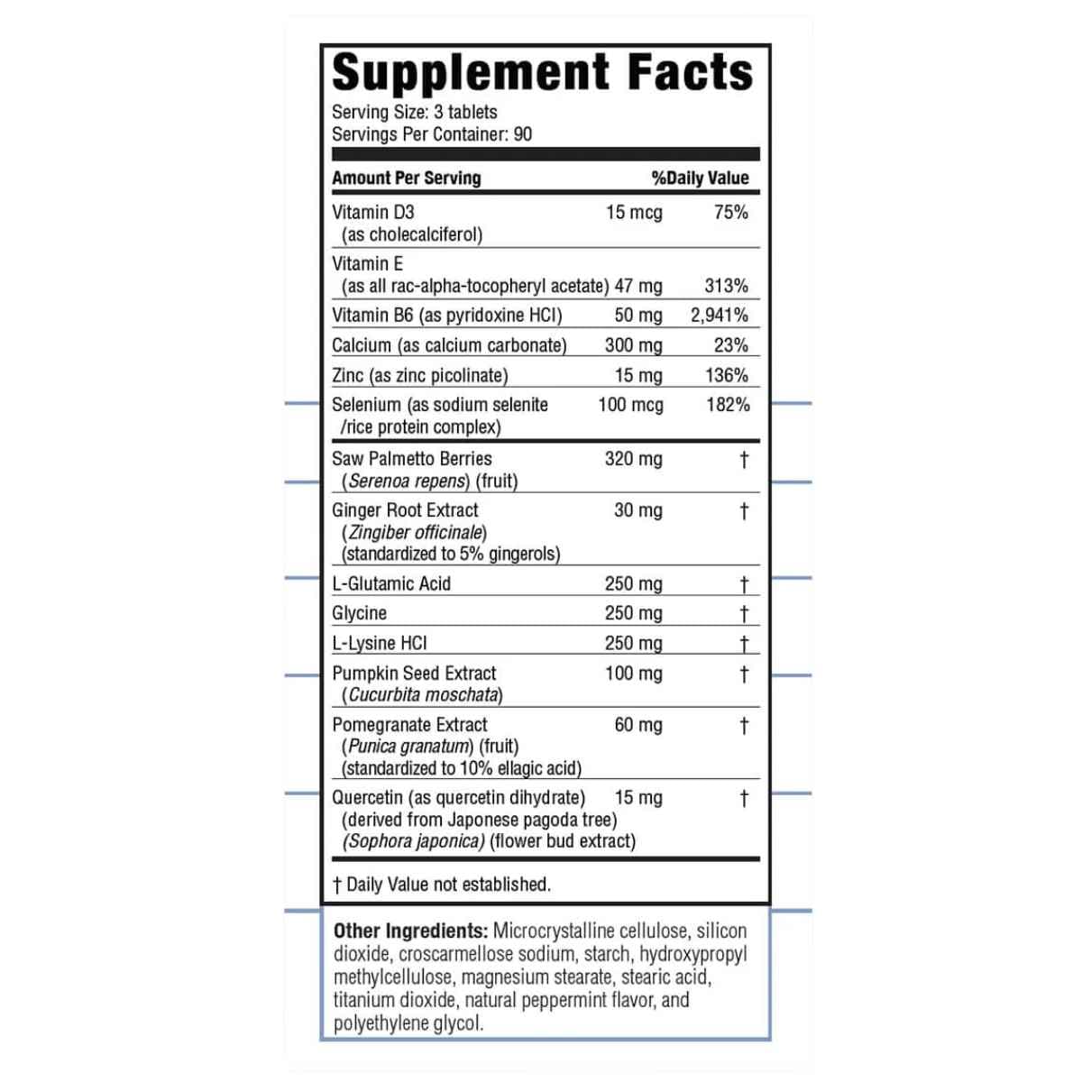 Tabla nutricional del suplemento Real Health Fórmula para la Próstata con Saw Palmetto 270 Tabletas