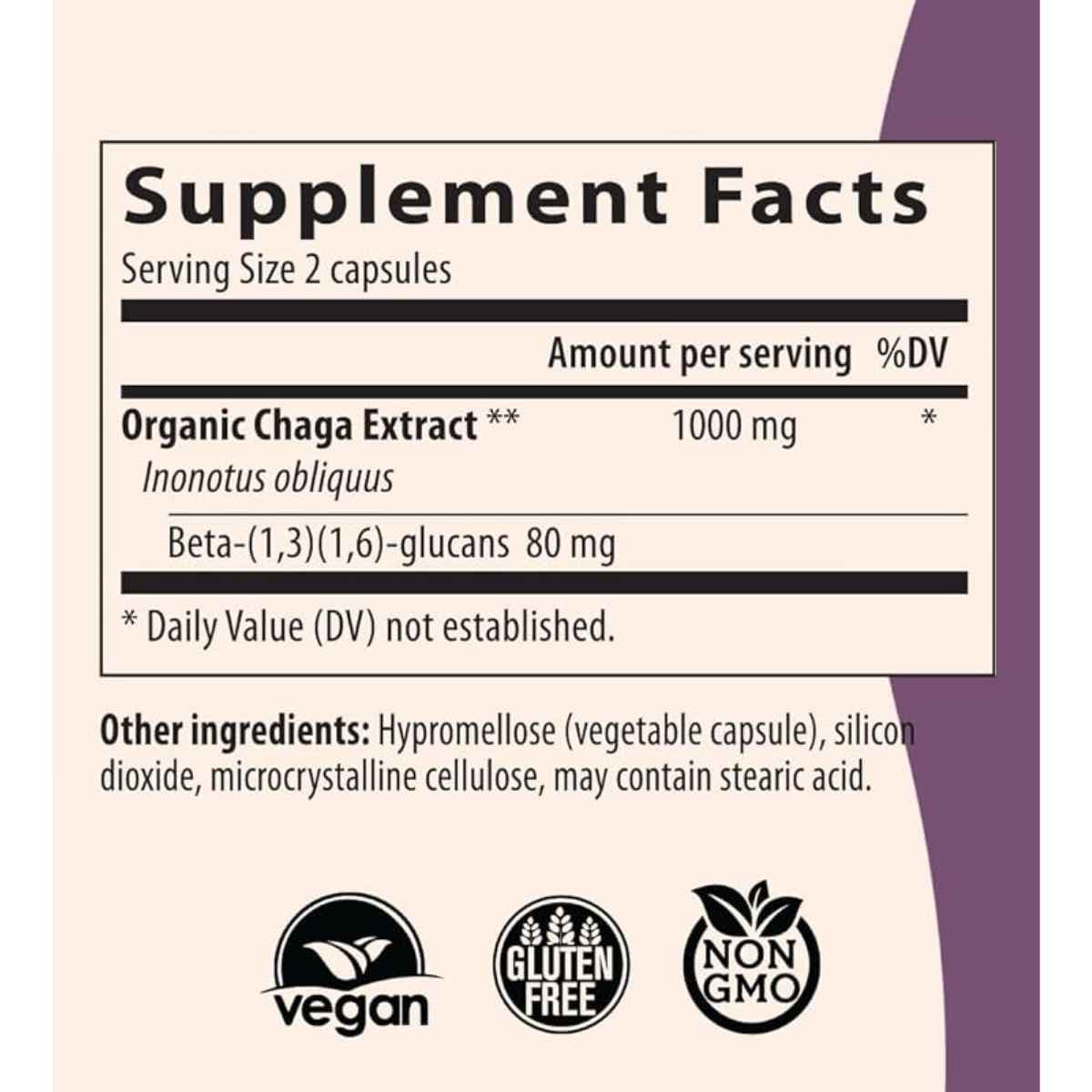 Tabla nutricional del suplemento Real Mushrooms Extracto Orgánico de Chaga 300 cápsulas