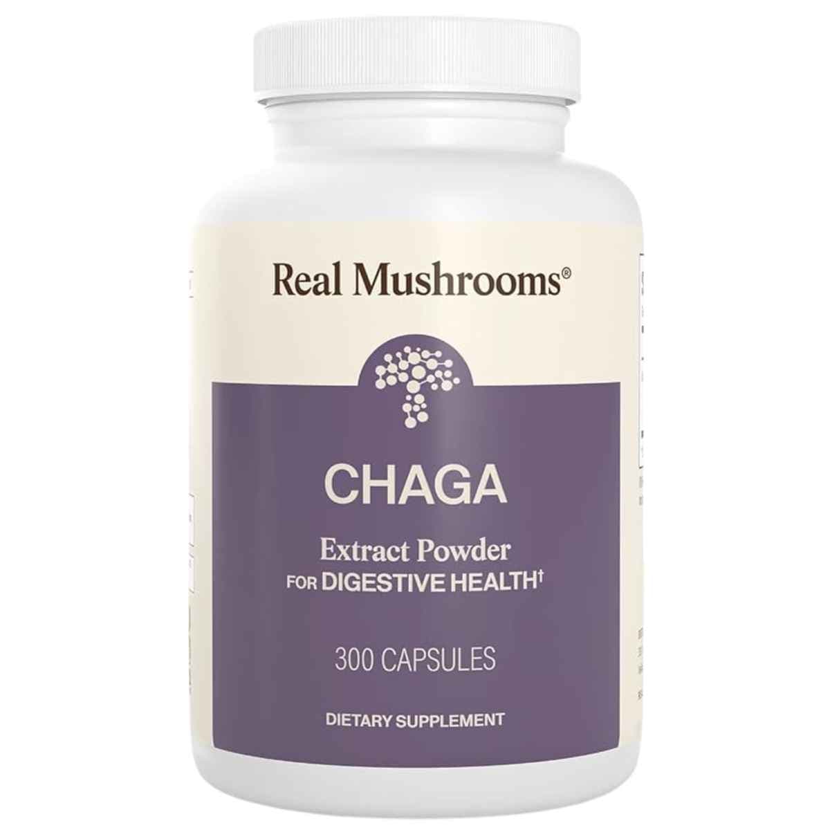 Frasco de suplemento Real Mushrooms Extracto Orgánico de Chaga 300 cápsulas