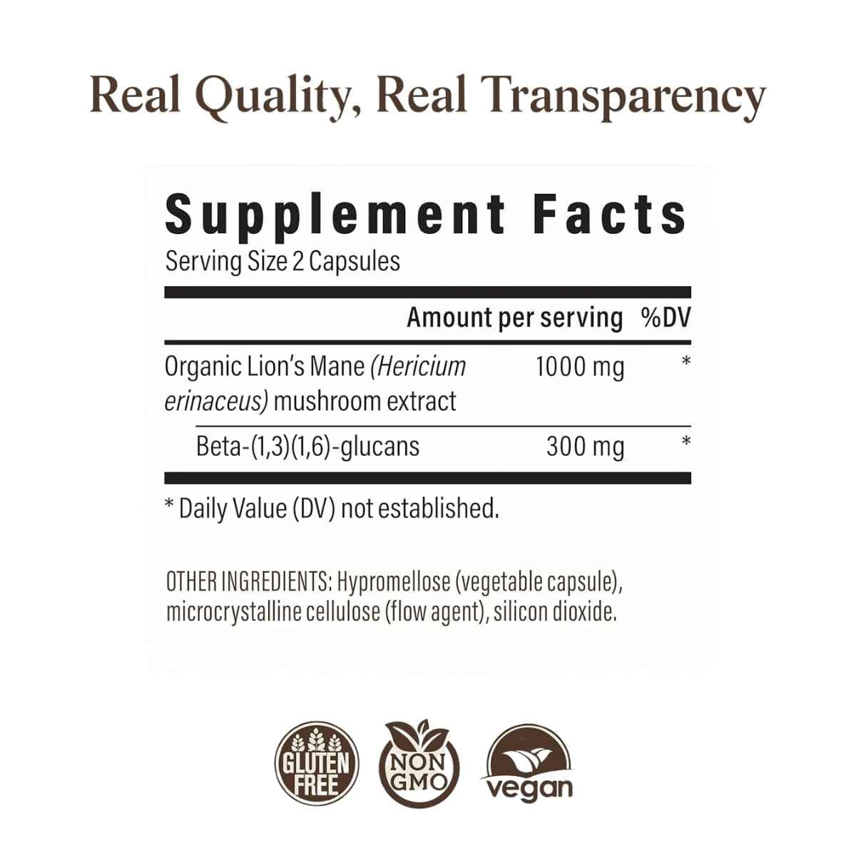 Tabla de suplemento de Real Mushrooms Melena de León 1000 mg, presentación de 300 cápsulas.