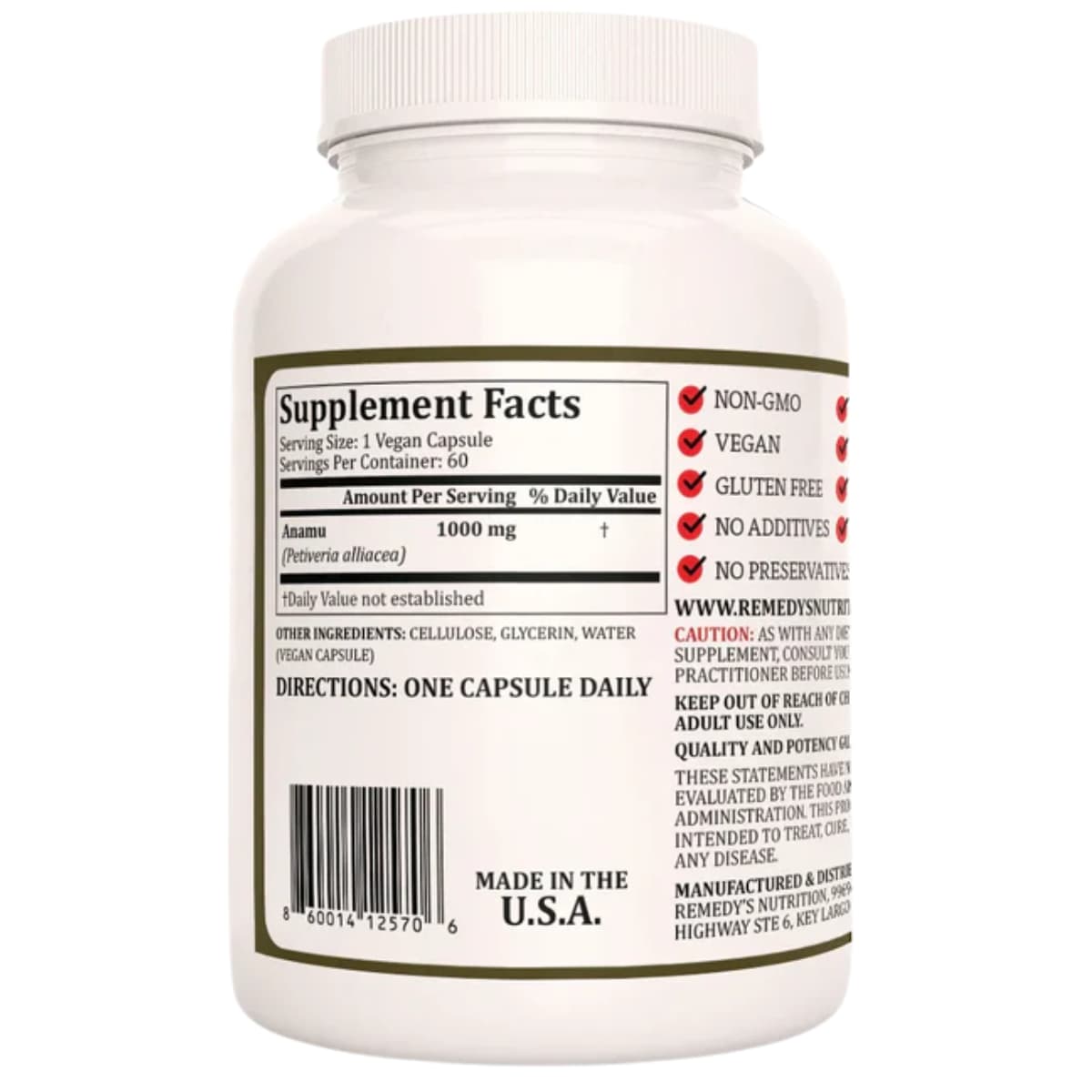 Tabla nutricional del suplemento Remedy's Nutrition Anamu 1000 mg 60 cápsulas veganas