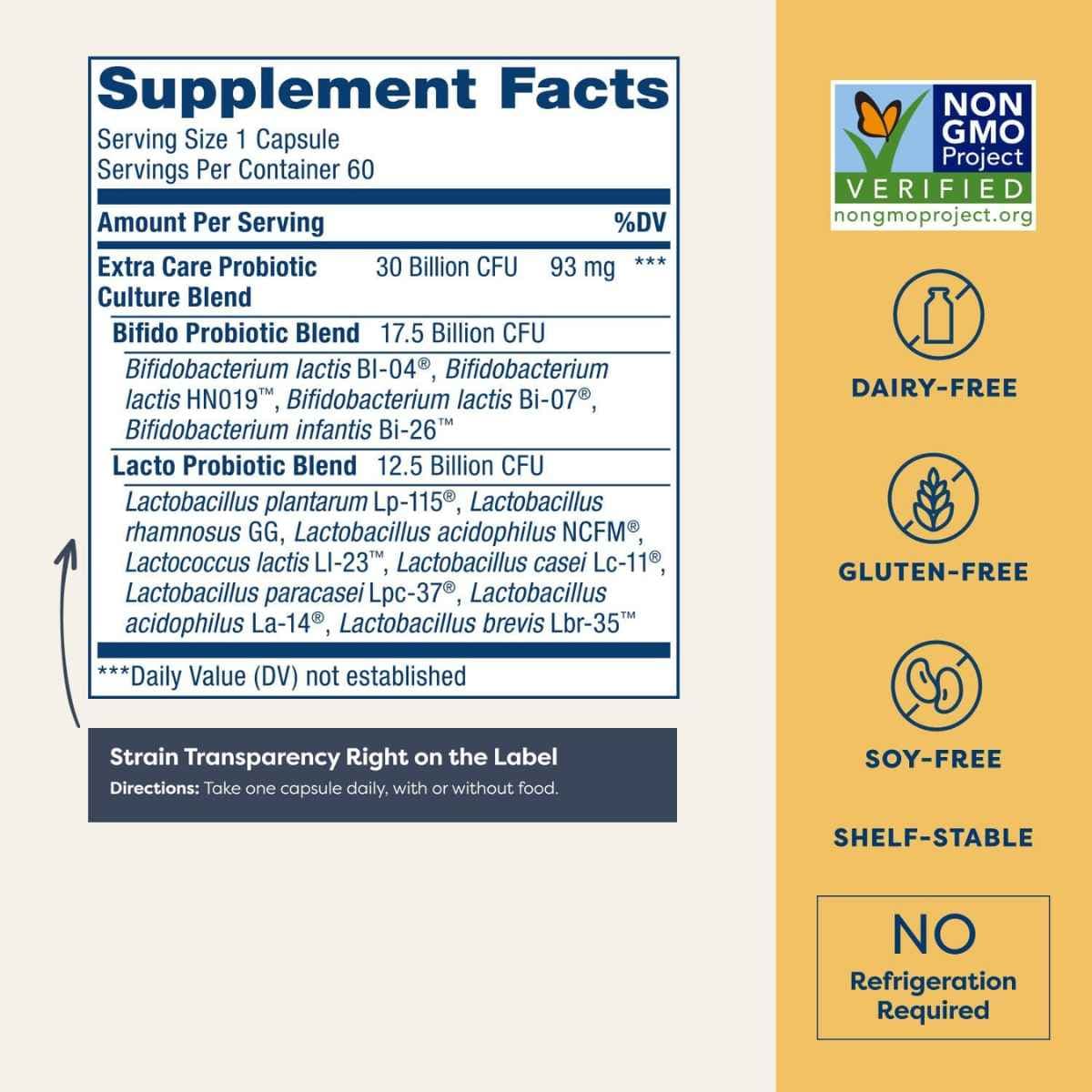 Tabla nutricional del suplemento RenewLife Probiótico Digestivo Cuidado Extra 60 Cápsulas Vegetarianas