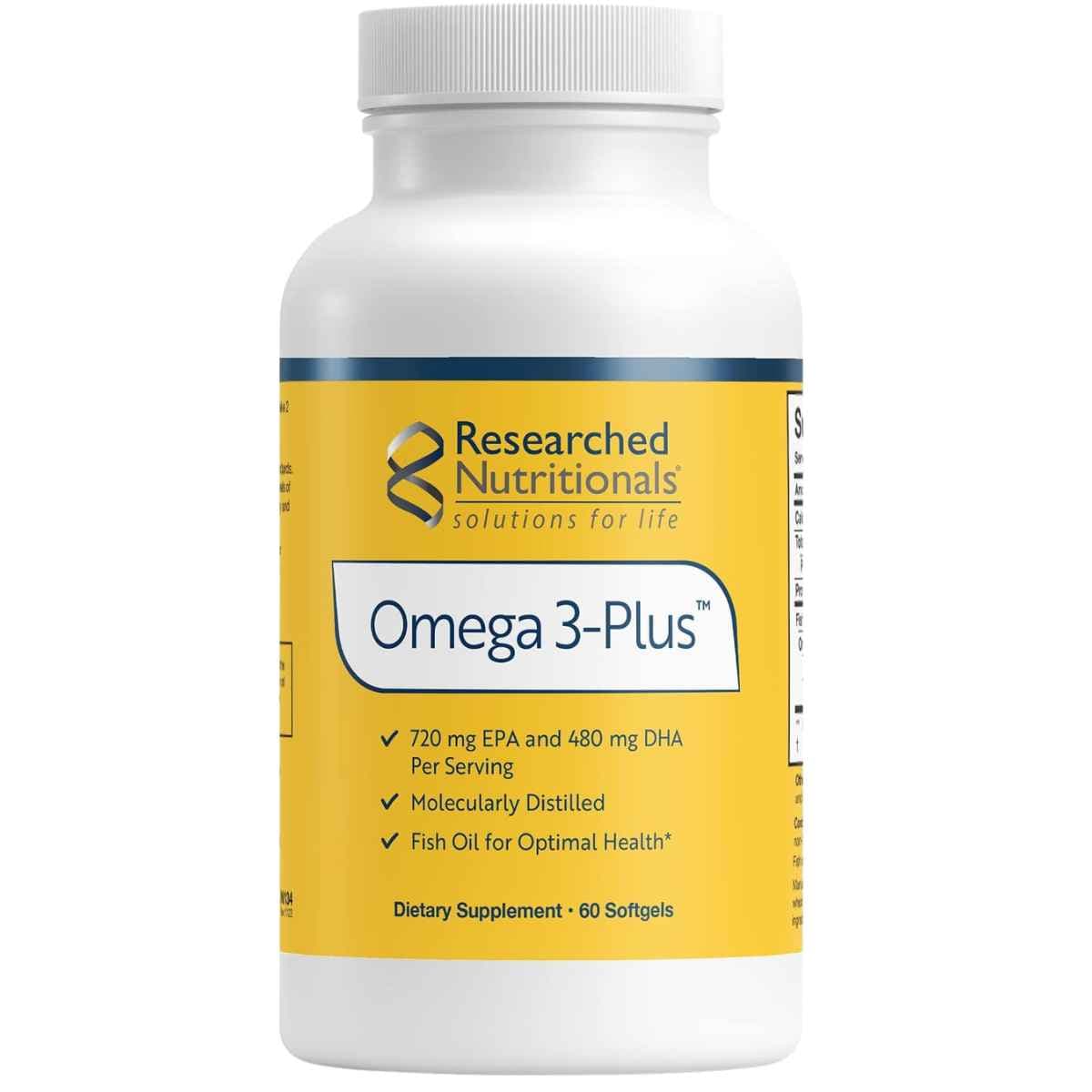 Frasco frontal de Researched Nutritionals Omega-3 Plus con 60 cápsulas blandas.