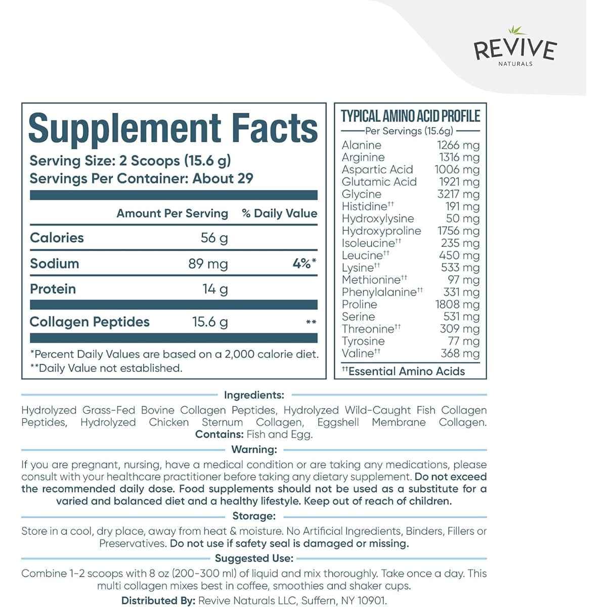 Tabla nutricional del suplemento Revive Naturals Multi Colágeno Hidrolizado 454 g polvo