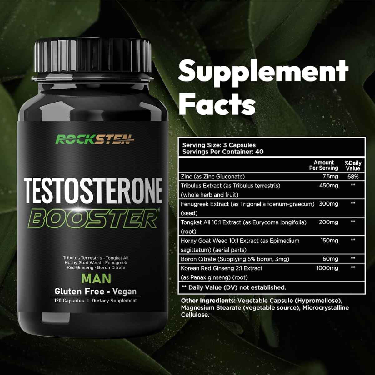 Tabla nutricional del suplemento Rocksten Fórmula de Apoyo Masculino 120 Cápsulas