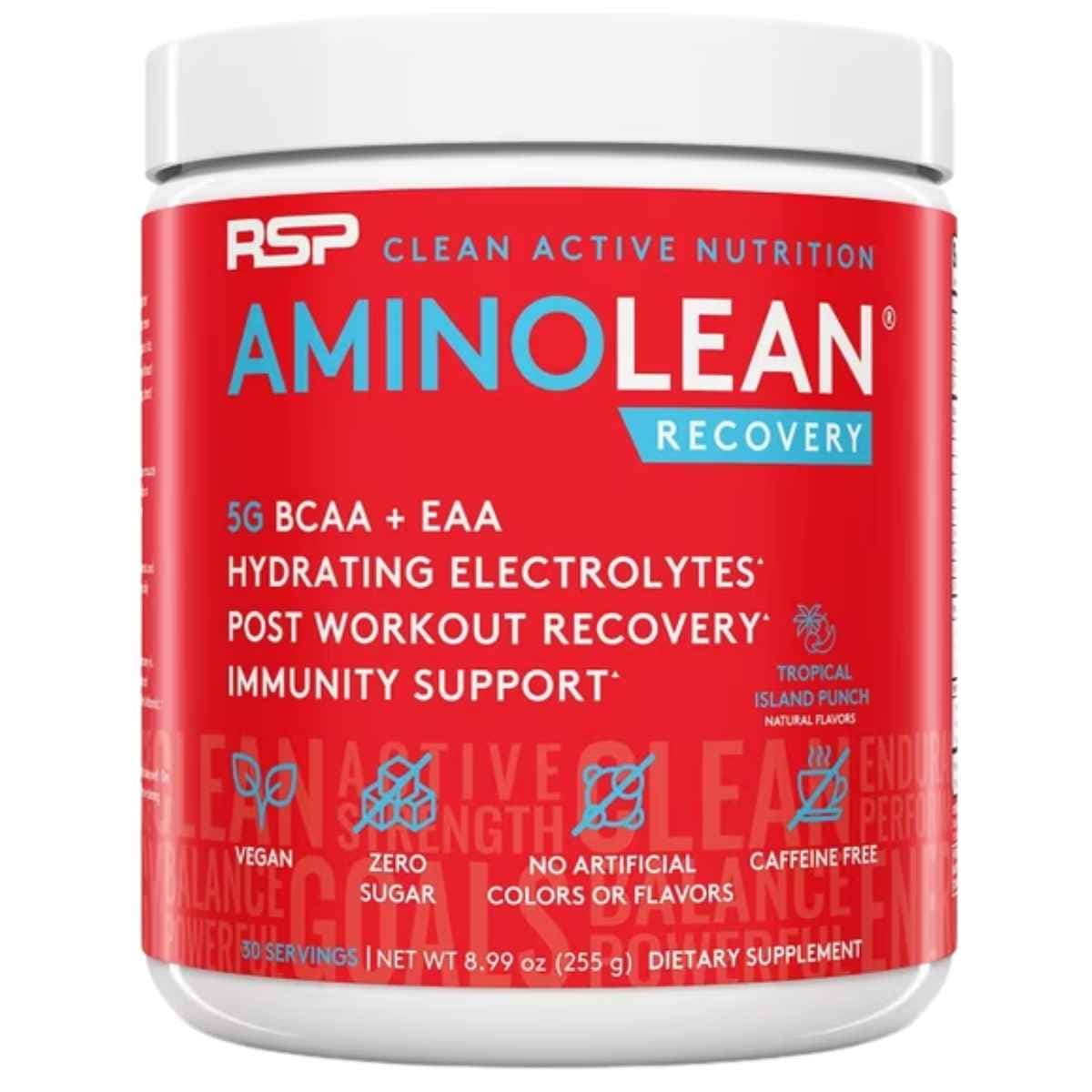 Frasco frontal de RSP Nutrition AminoLean Recovery sabor Tropical Island Punch, 30 porciones.
