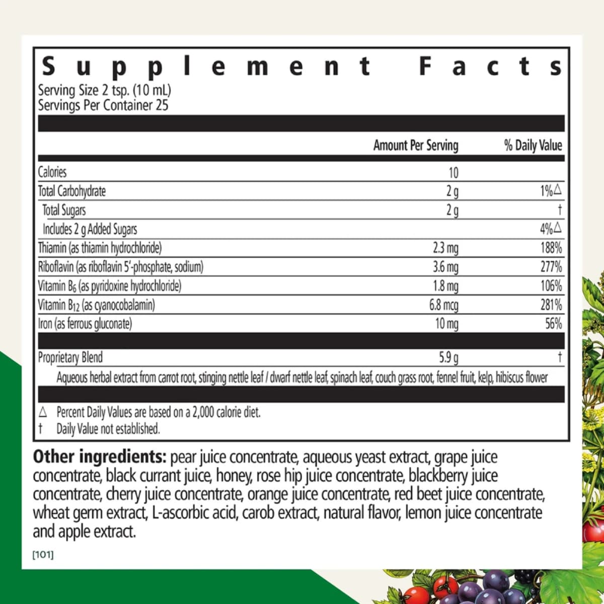 Tabla nutricional del suplemento Salus Floradix Hierro + Hierbas suplemento líquido 250 ml