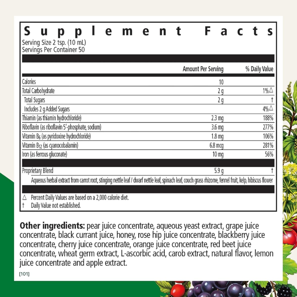 Tabla nutricional del suplemento Salus Floradix Hierro + Hierbas suplemento líquido 500 ml