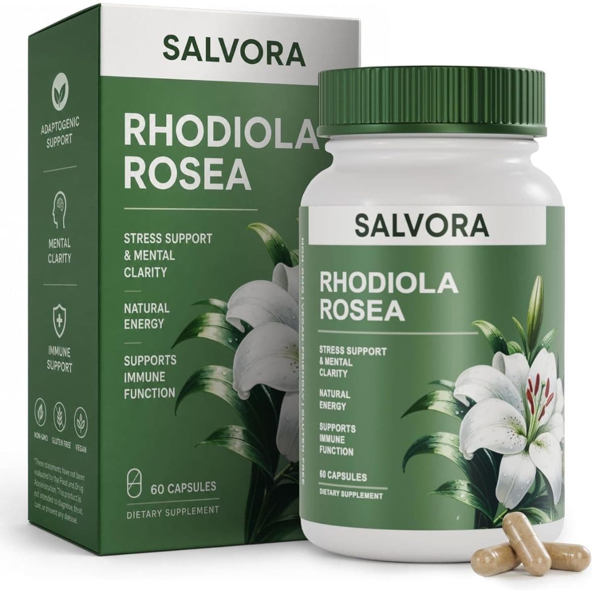 Salvora Rhodiola rosea 500 mg por cápsula, frasco y caja de 60 cápsulas