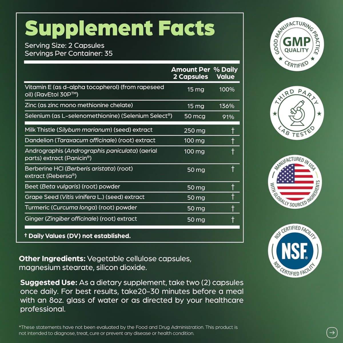 Tabla nutricional del suplemento Sandhus Nutrition Cardo Mariano Complejo 70 cápsulas