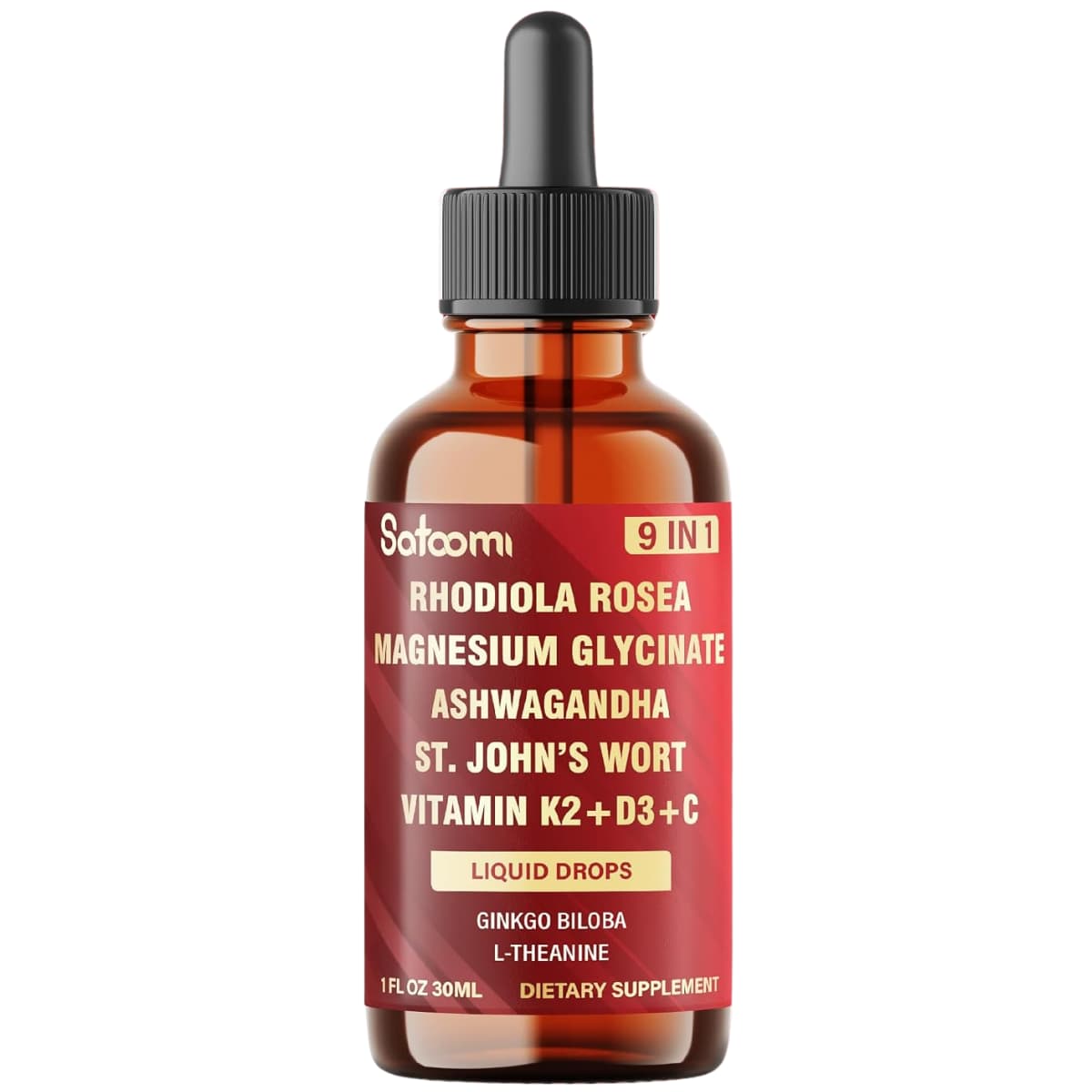 Frasco frontal de Satoomi rhodiola rosea 9 en 1 con glicinato de magnesio en gotas, 30 ml.