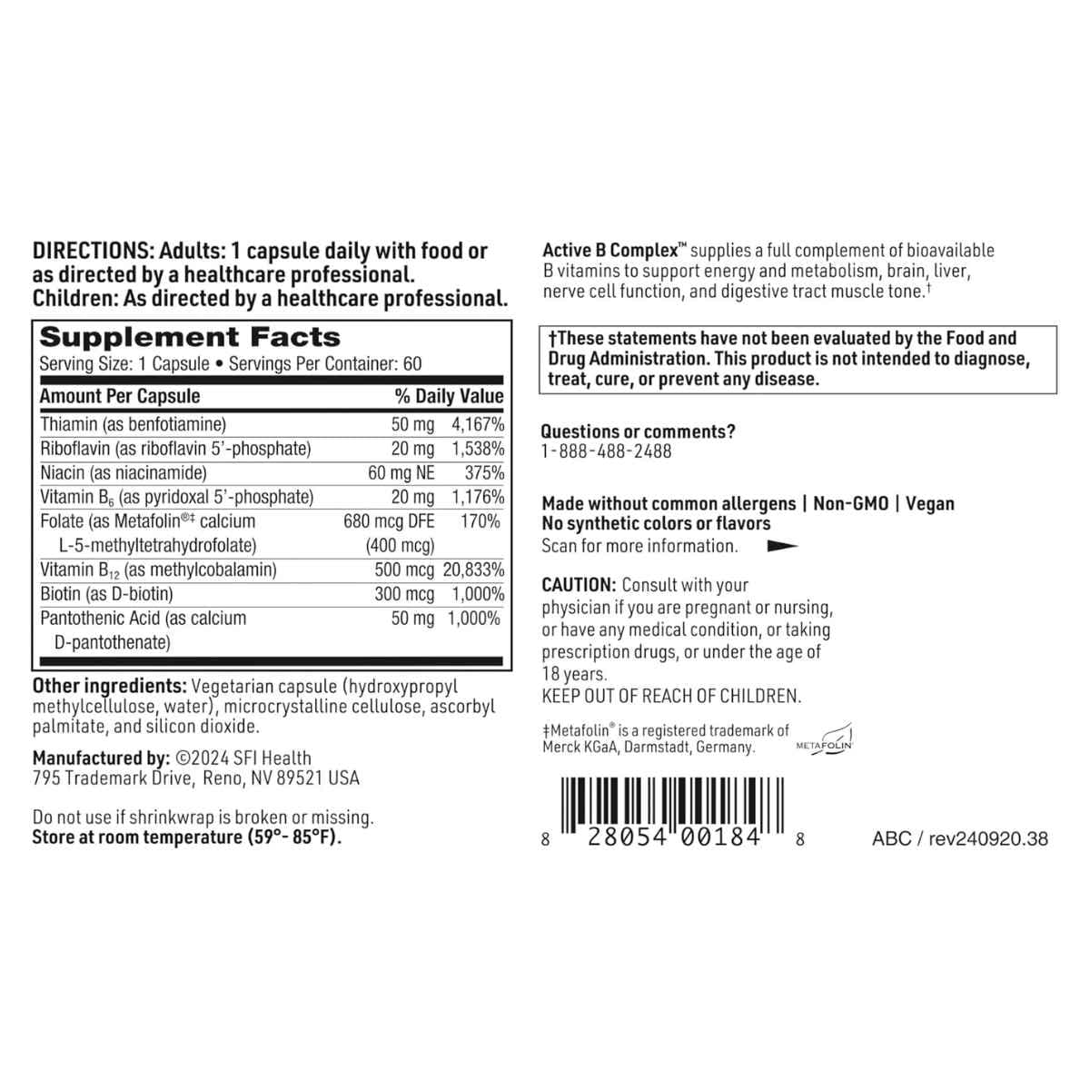 Tabla nutricional del suplemento SFI Health Active B Complex 60 cápsulas