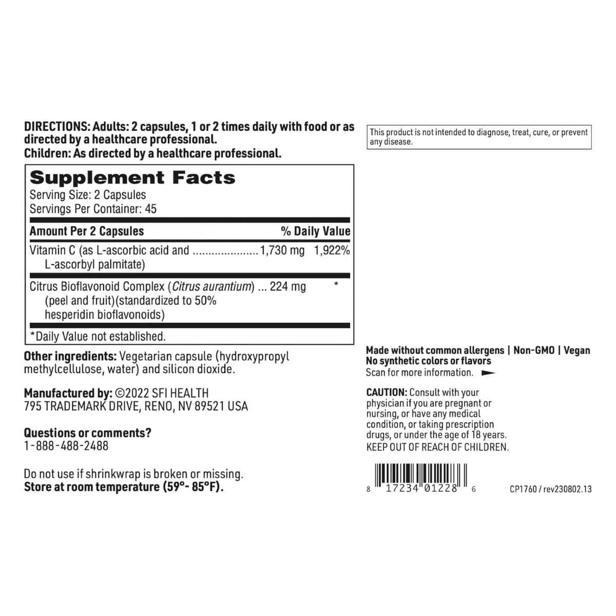 Tabla nutricional del suplemento SFI Health C Plus 90 cápsulas
