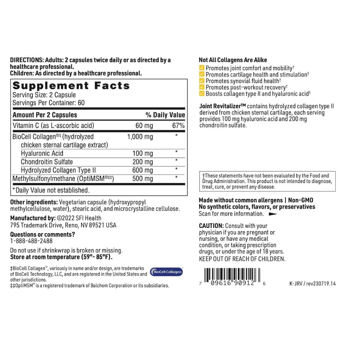 Tabla nutricional del suplemento SFI Health Colágeno Hidrolizado BioCell 120 cápsulas