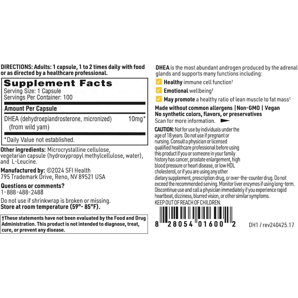 Tabla nutricional del suplemento SFI Health DHEA 10 mg 100 cápsulas