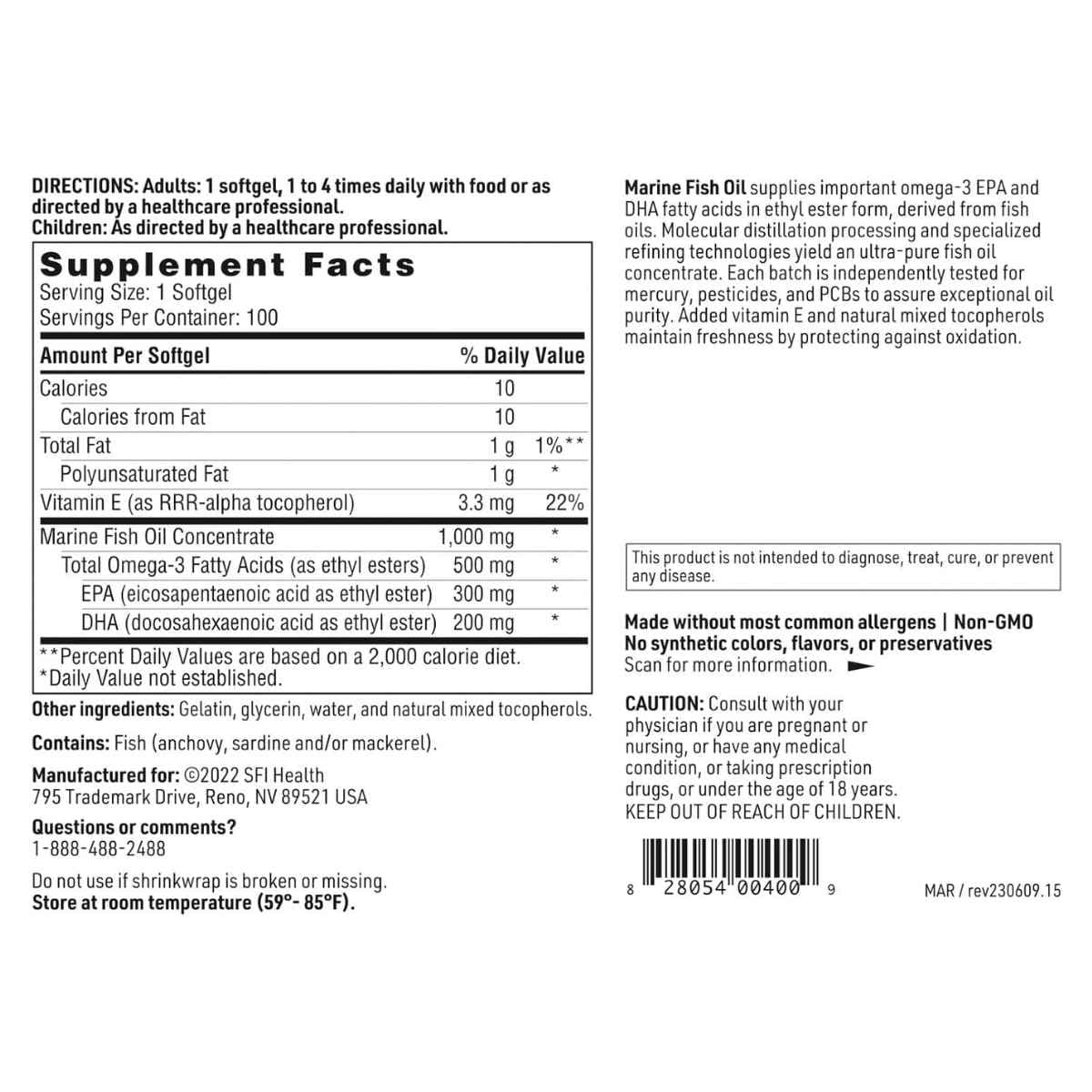 Información del suplemento de SFI Health Marine Fish Oil para 100 cápsulas blandas.