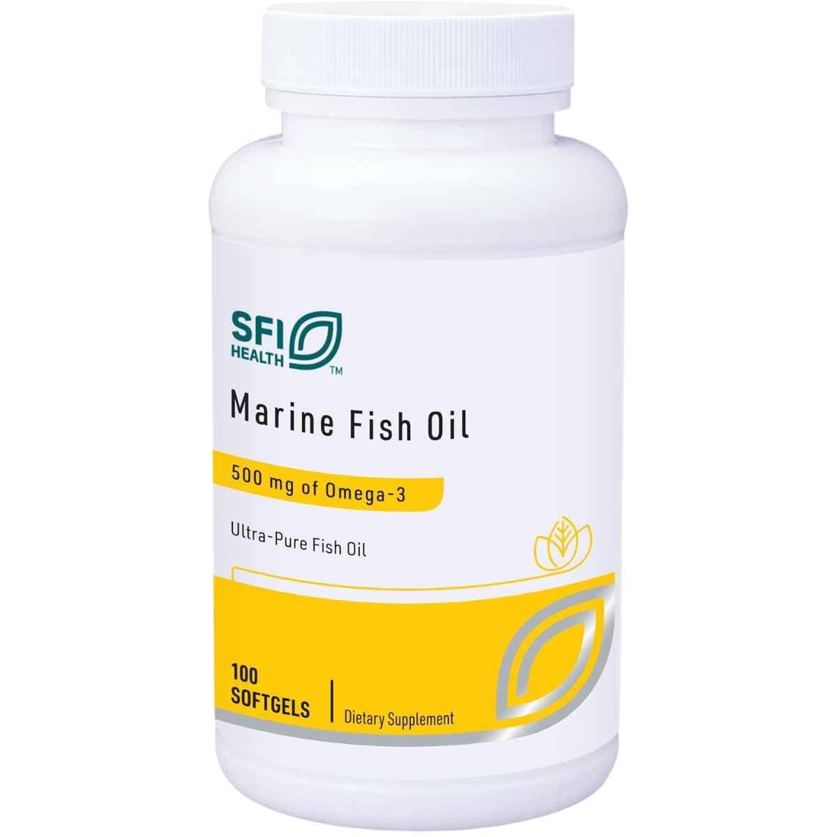 Frasco frontal de SFI Health Marine Fish Oil omega 3 con 100 cápsulas blandas.