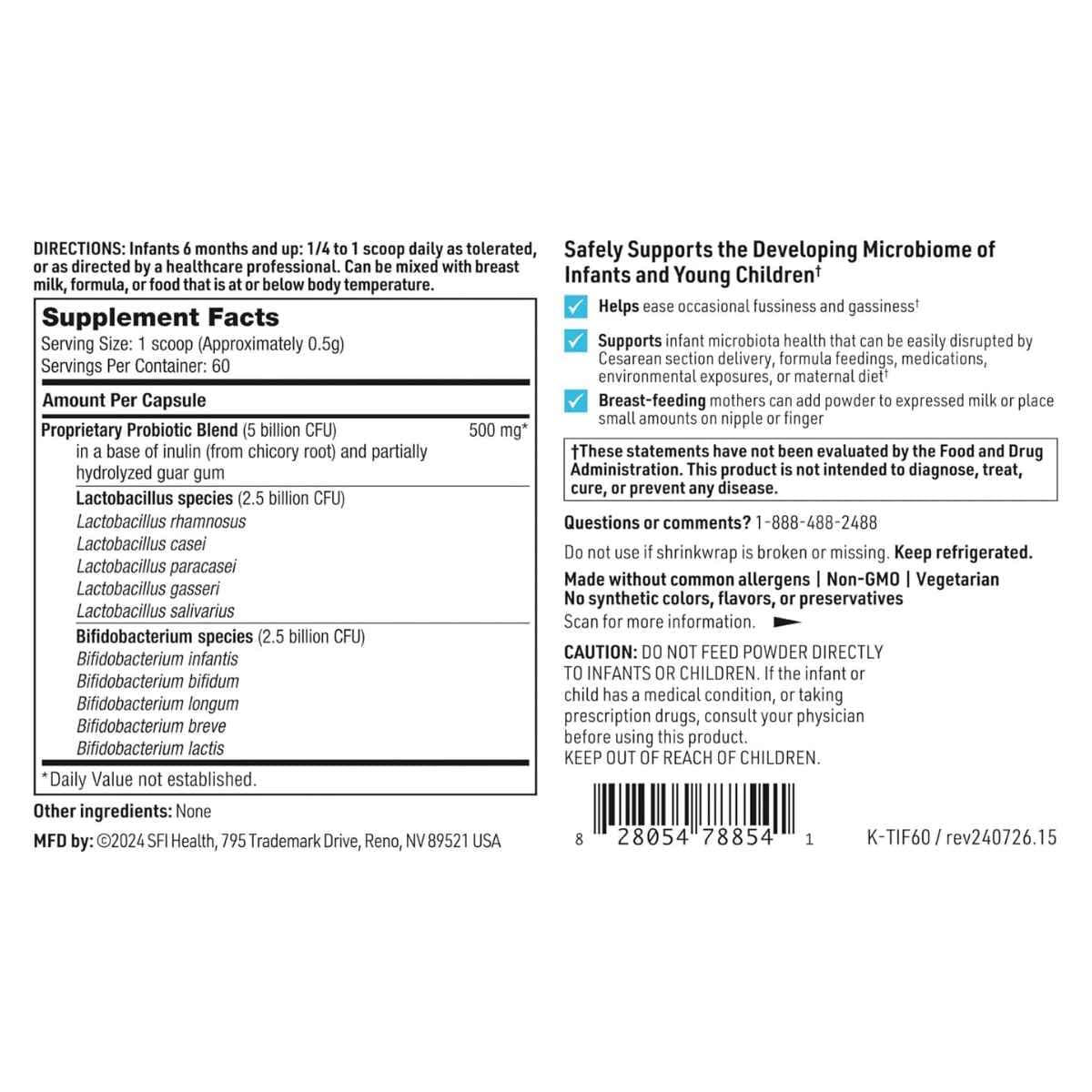 Tabla nutricional del suplemento SFI Health Ther-Biotic Baby 66 g polvo