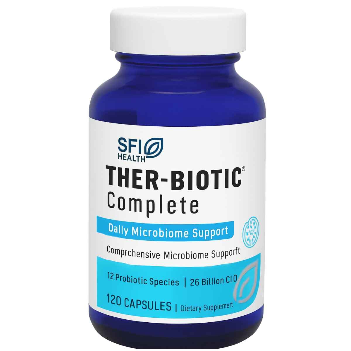 Frasco de suplemento SFI Health Ther-Biotic Complete 25 Billion CFU 120 cápsulas