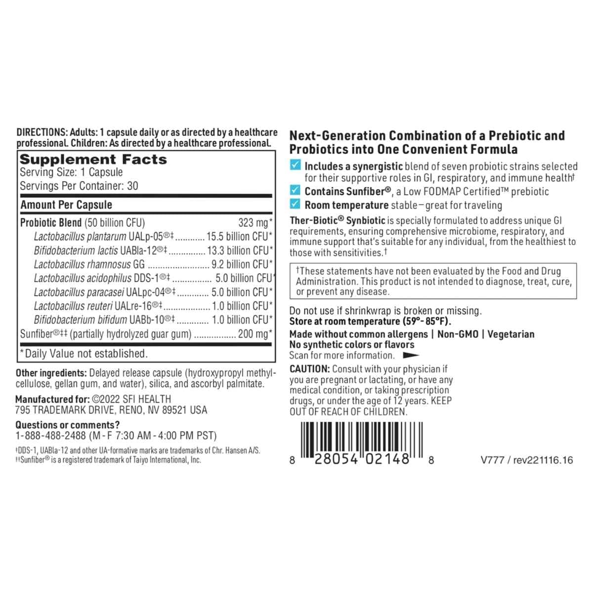 Tabla nutricional del suplemento SFI Health Ther-Biotic Synbiotic 30 cápsulas