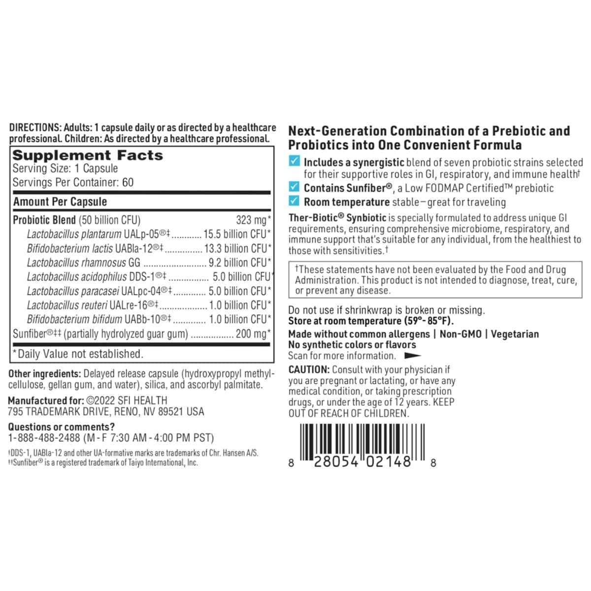 Tabla nutricional del suplemento SFI Health Ther-Biotic Synbiotic 60 cápsulas