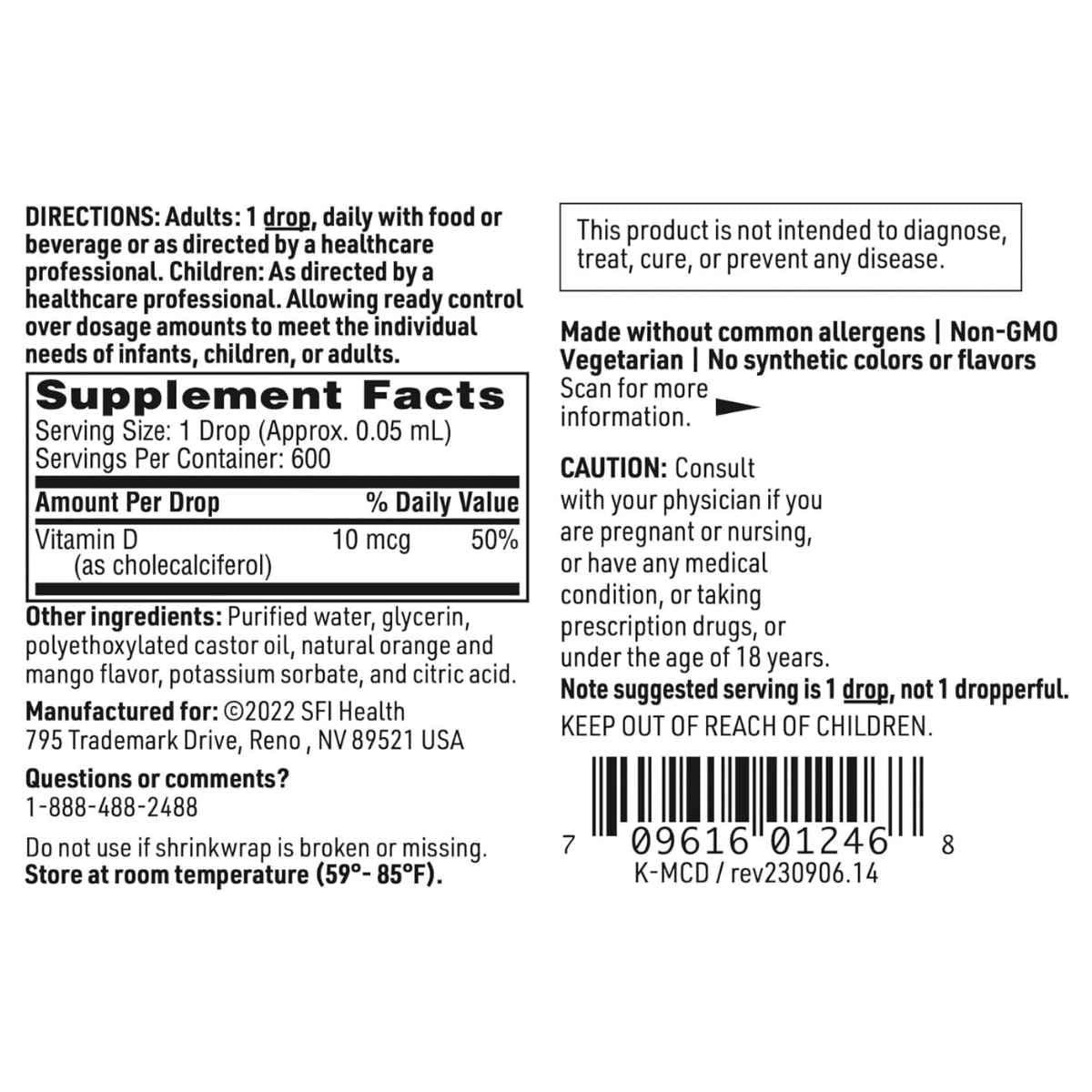 Tabla nutricional del suplemento SFI Health Vitamina D3 Micelizada gotas 30 mL