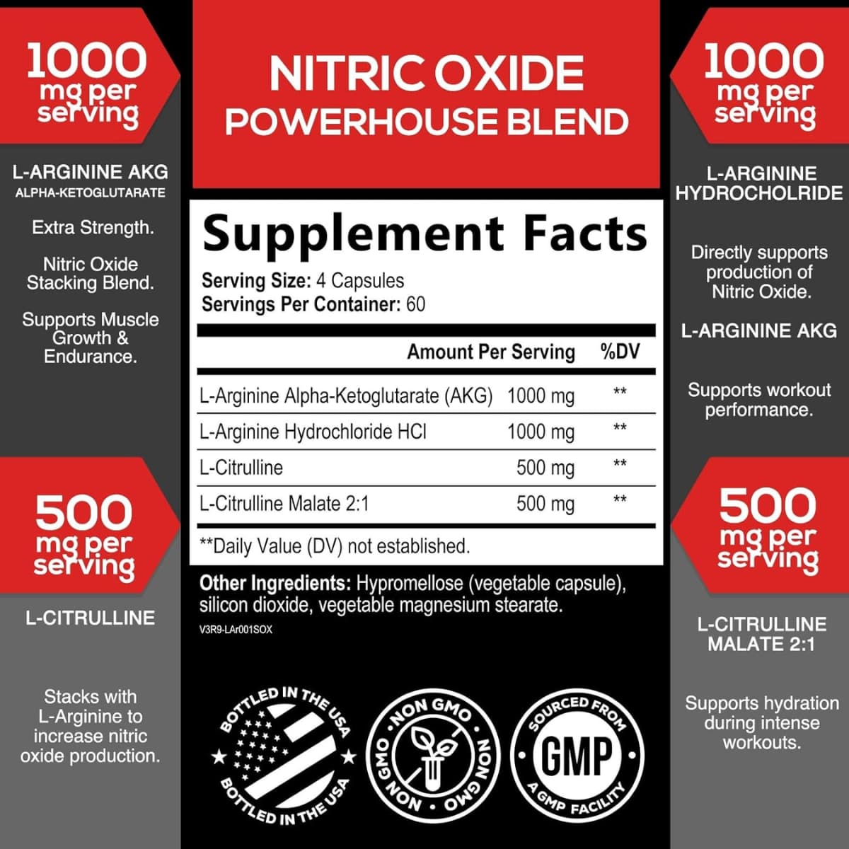 Tabla nutricional del suplemento SilverOnyx Óxido Nítrico 3000 mg 240 cápsulas