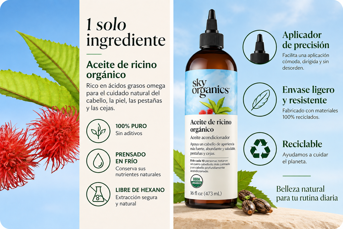 Infografía en español de Sky Organics Aceite de ricino orgánico: 100% puro, prensado en frío, libre de hexano, aplicador de precisión y envase reciclable.