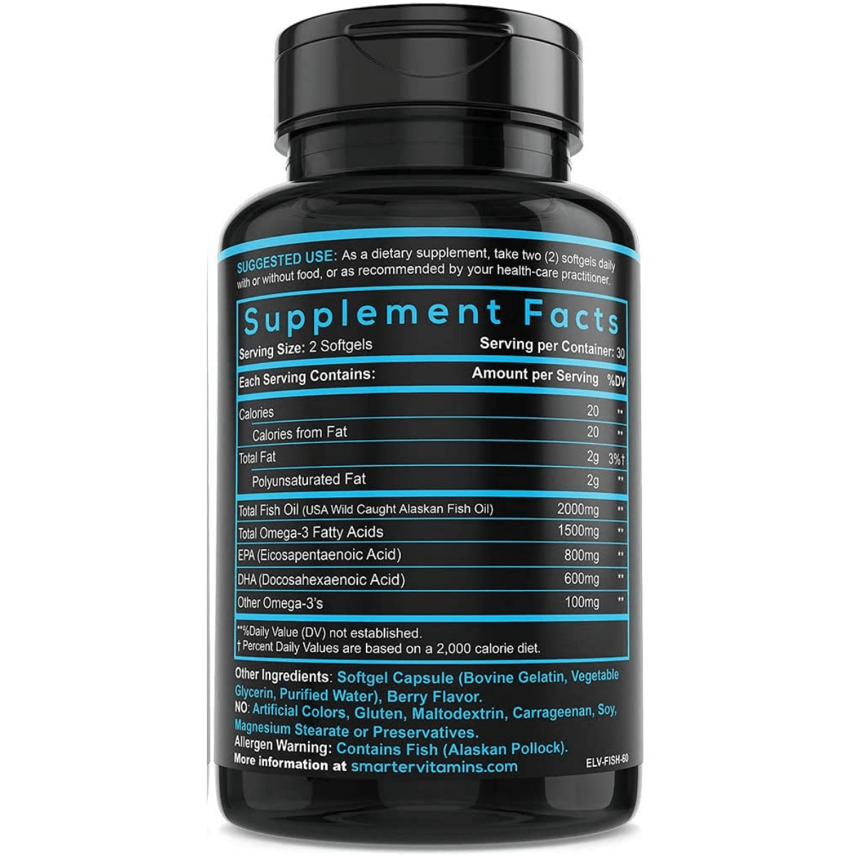 Información del suplemento de SmarterVitamins Omega-3 AlaskOmega con omega 3, EPA y DHA por porción.