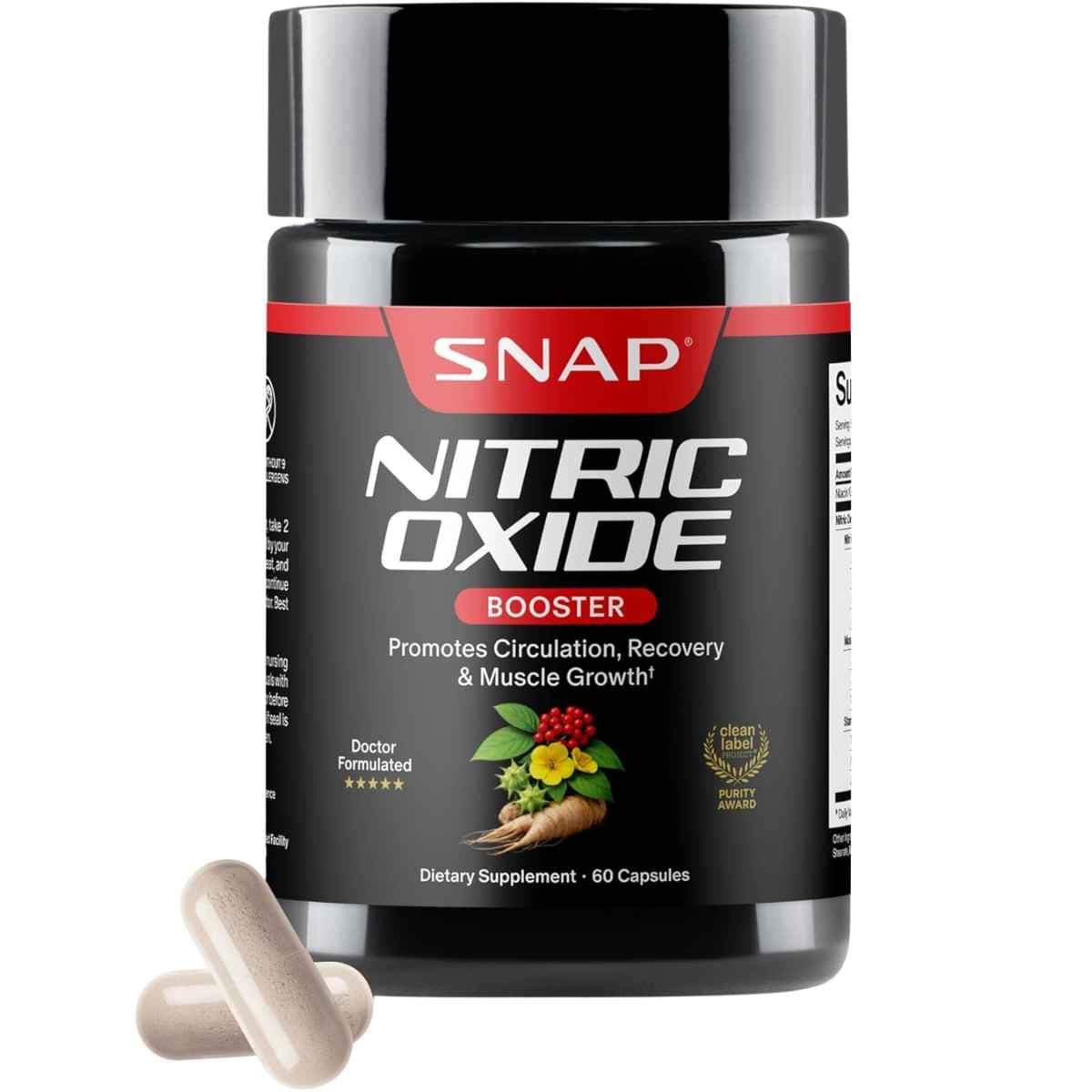 Frasco frontal de Snap Supplements Nitric Oxide Booster con 60 cápsulas