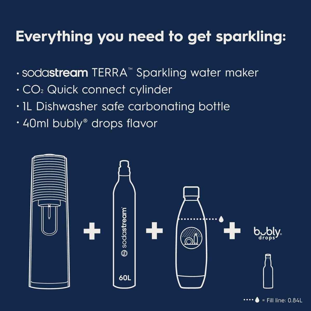 Contenido del conjunto SodaStream Terra con máquina, cilindro CO₂ Quick Connect, botella de 1 L y Bubly Drops
