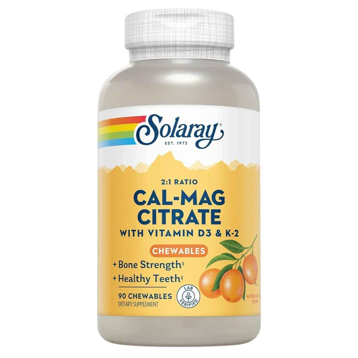 Solaray Cal-Mag Citrate calcio y magnesio 2:1, frasco de 90 tabletas masticables sabor naranja