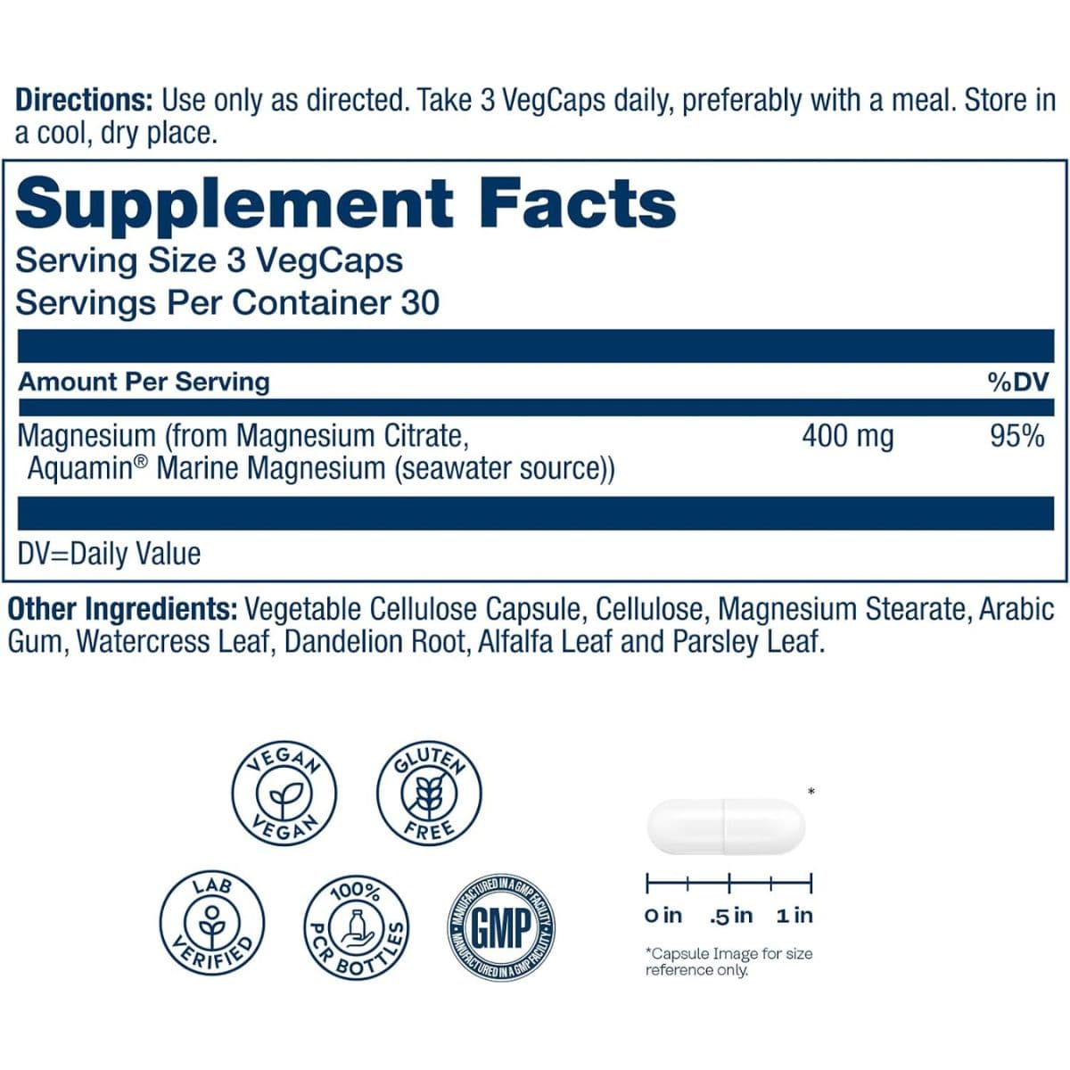 Información del suplemento Solaray citrato de magnesio 400 mg por porción