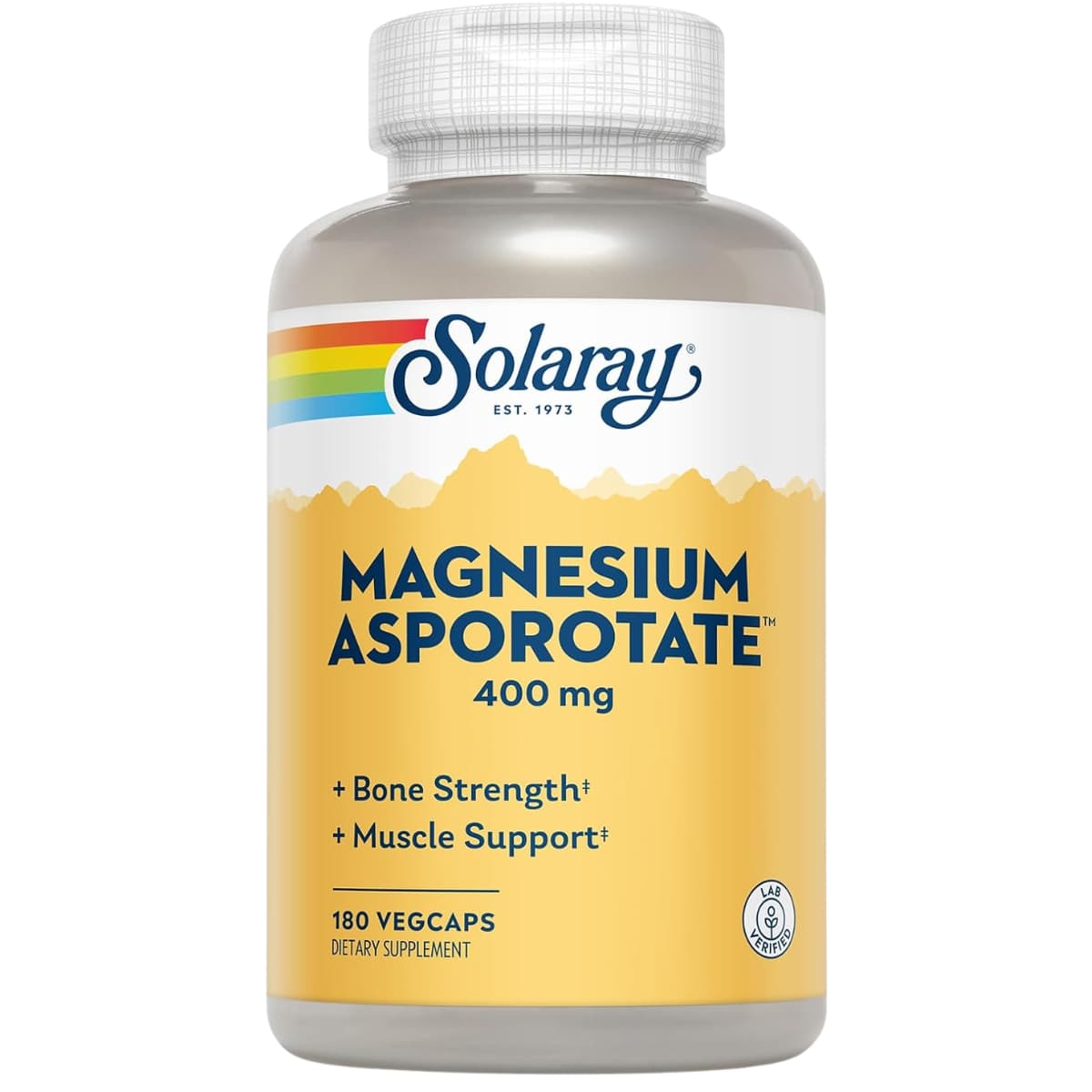 Frasco frontal de Solaray complejo de aspartato, citrato y orotato de magnesio 400 mg por porción 180 cápsulas vegetales
