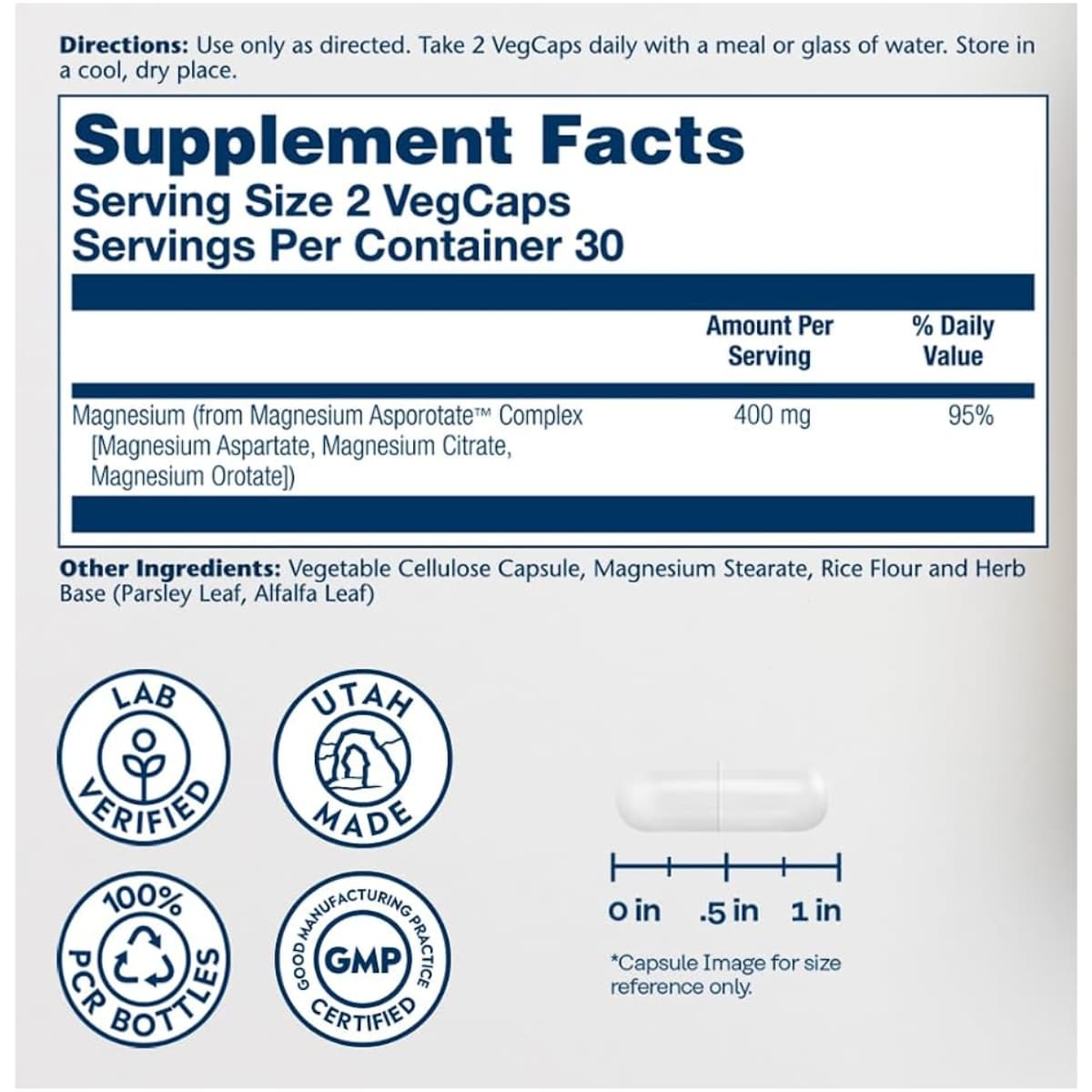 Información del suplemento Solaray complejo de aspartato, citrato y orotato de magnesio 400 mg por porción 60 cápsulas vegetales