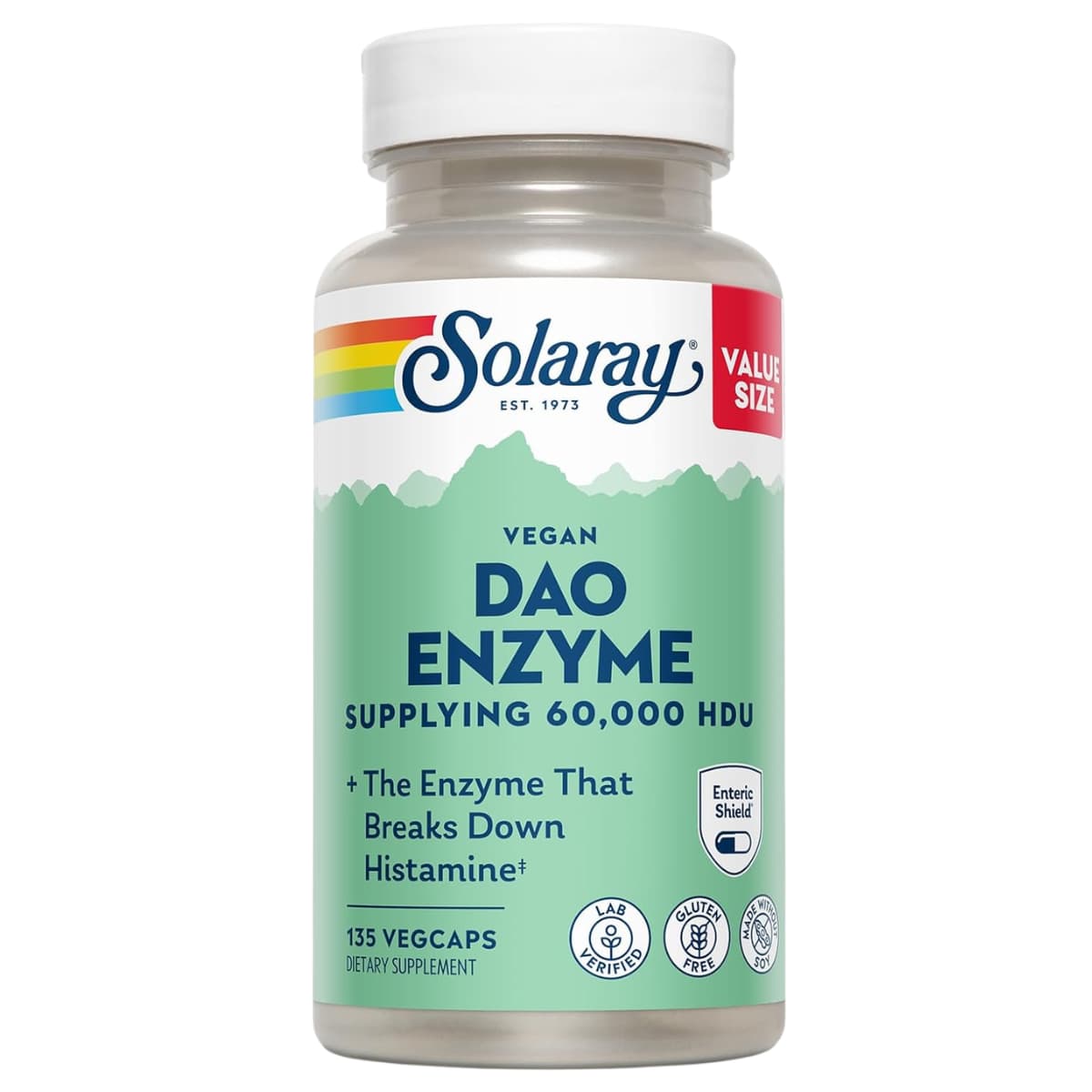 Frasco de suplemento Solaray Enzima DAO 4.2 mg 135 cápsulas